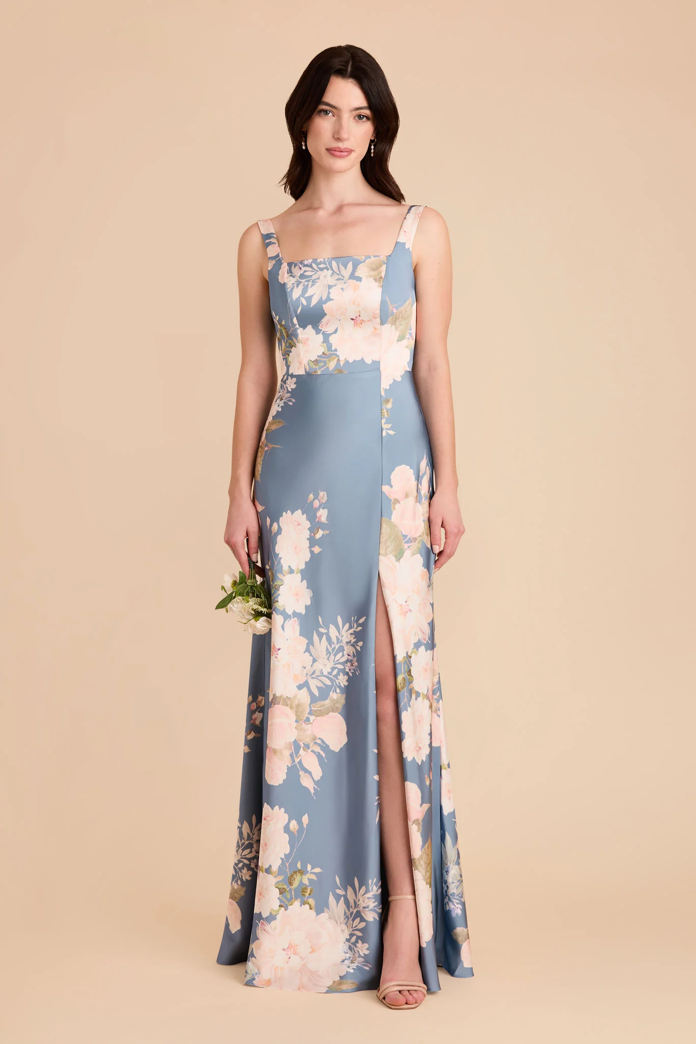 Alex Matte Satin Dress - Dusty Blue Romantic Bouquet