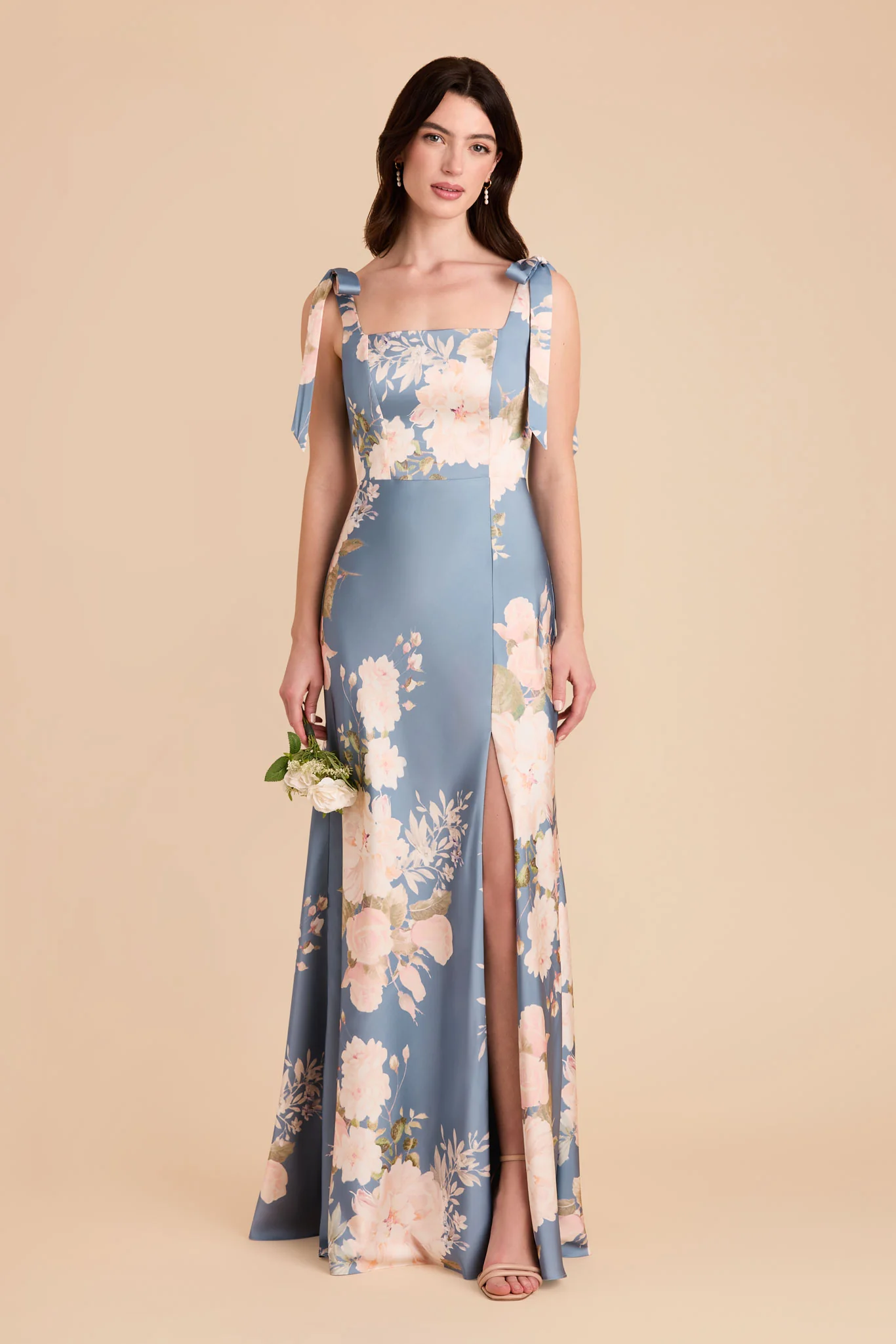 Alex Matte Satin Dress - Dusty Blue Romantic Bouquet - Image 3