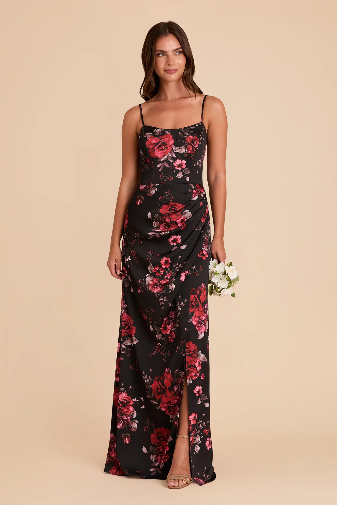 Anne Matte Satin Dress - Black Fleurs D'Amour - Image 2