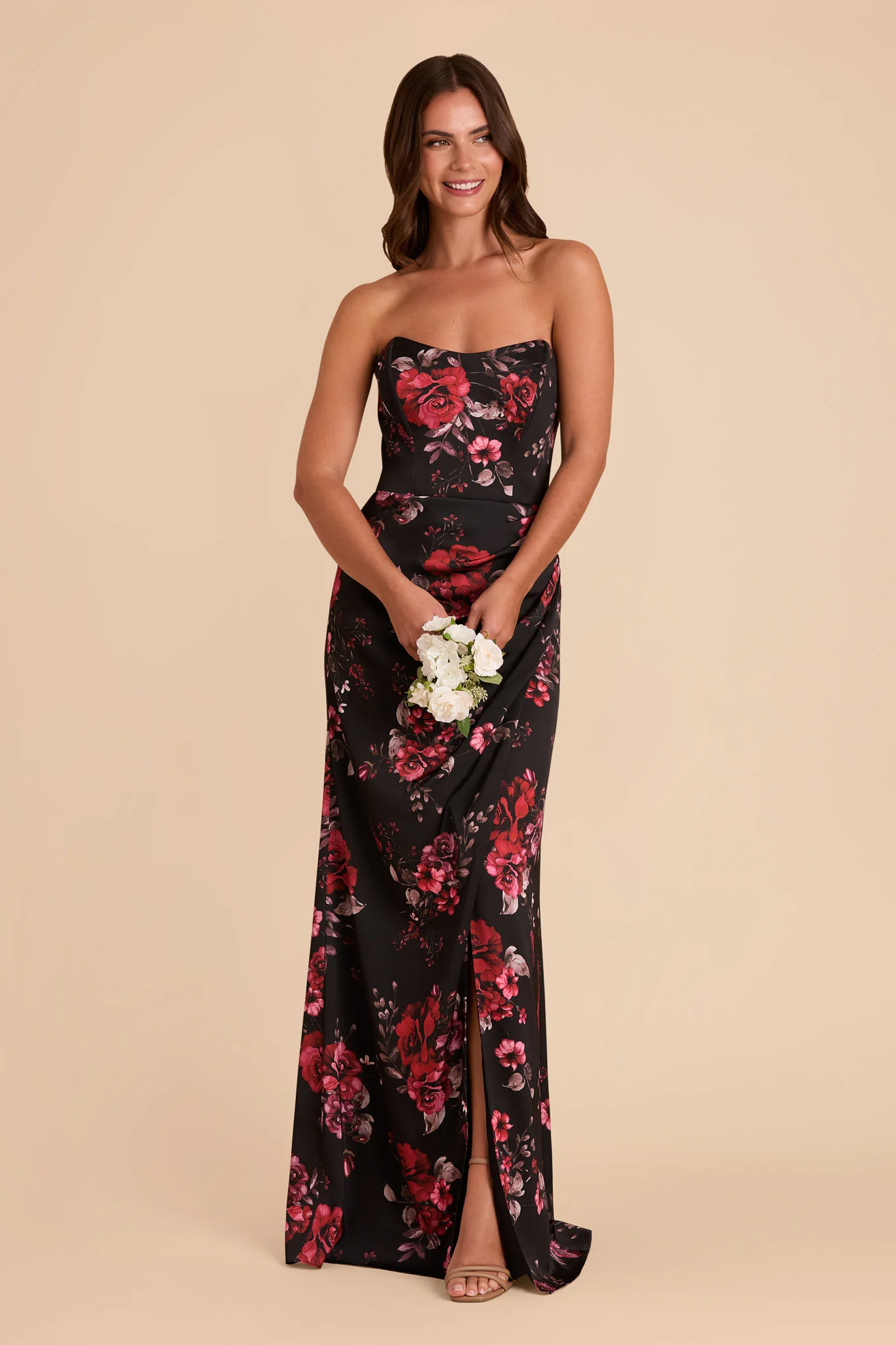 Anne Matte Satin Dress - Black Fleurs D'Amour - Image 3