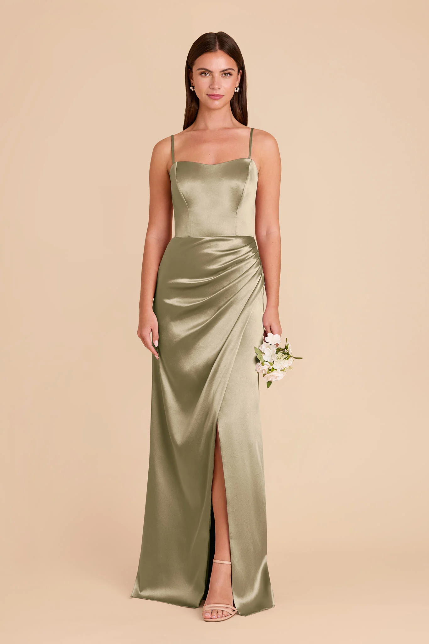 Anne Shiny Satin Dress - Moss Green
