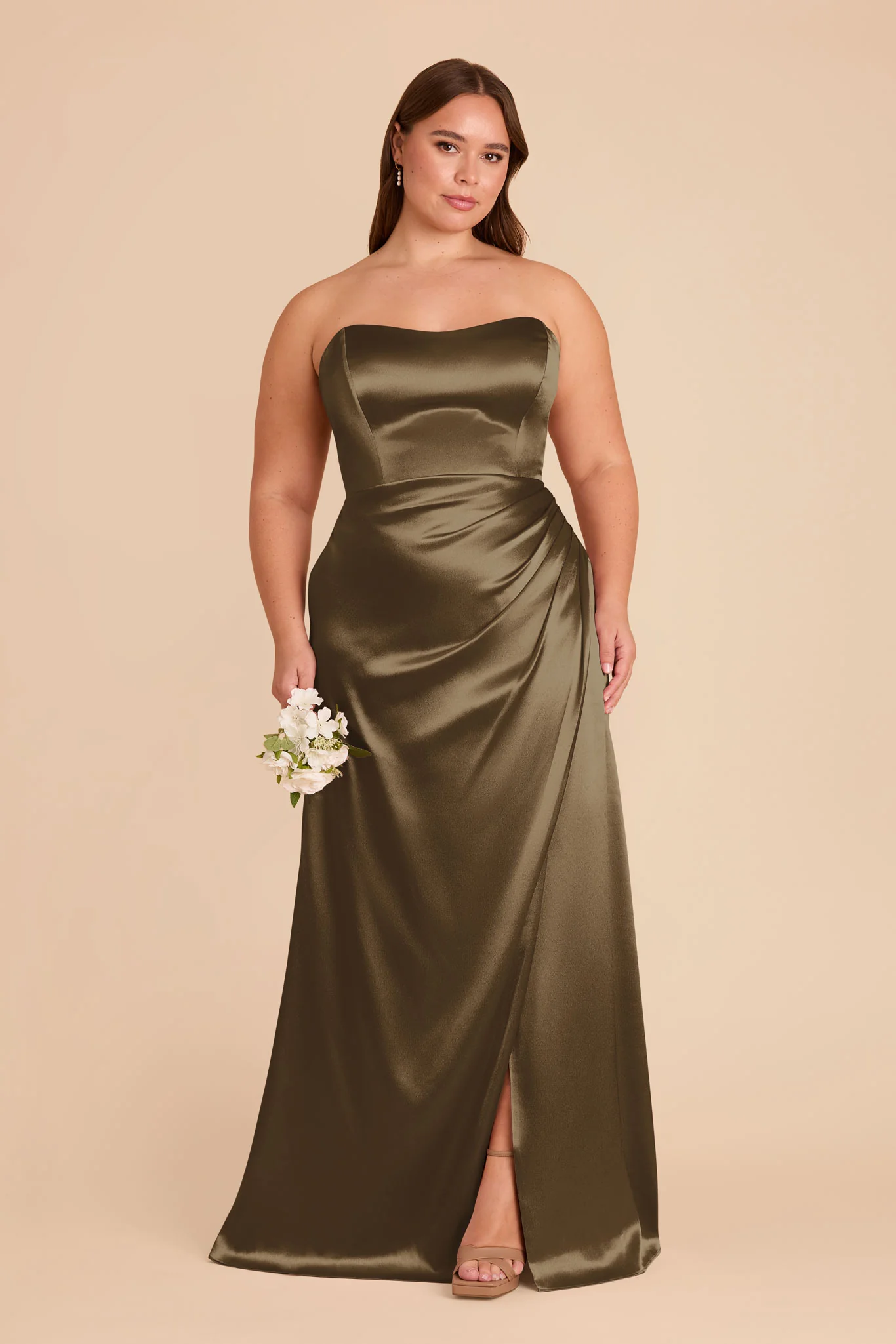 Anne Shiny Satin Dress - Olive - Image 2