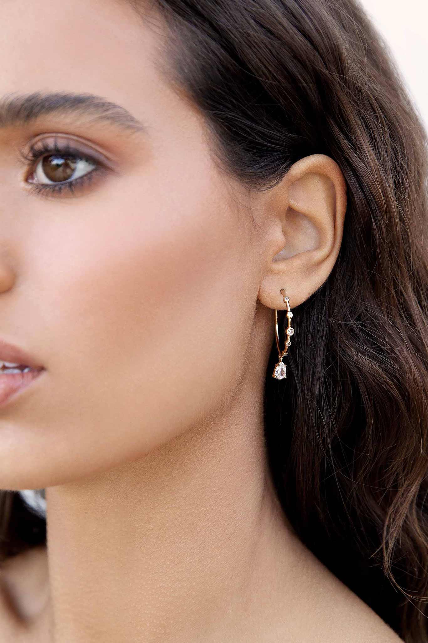 Barcelona Delicate Crystal Charm Hoop Earrings by Ettika - Clear Crystal - Image 2