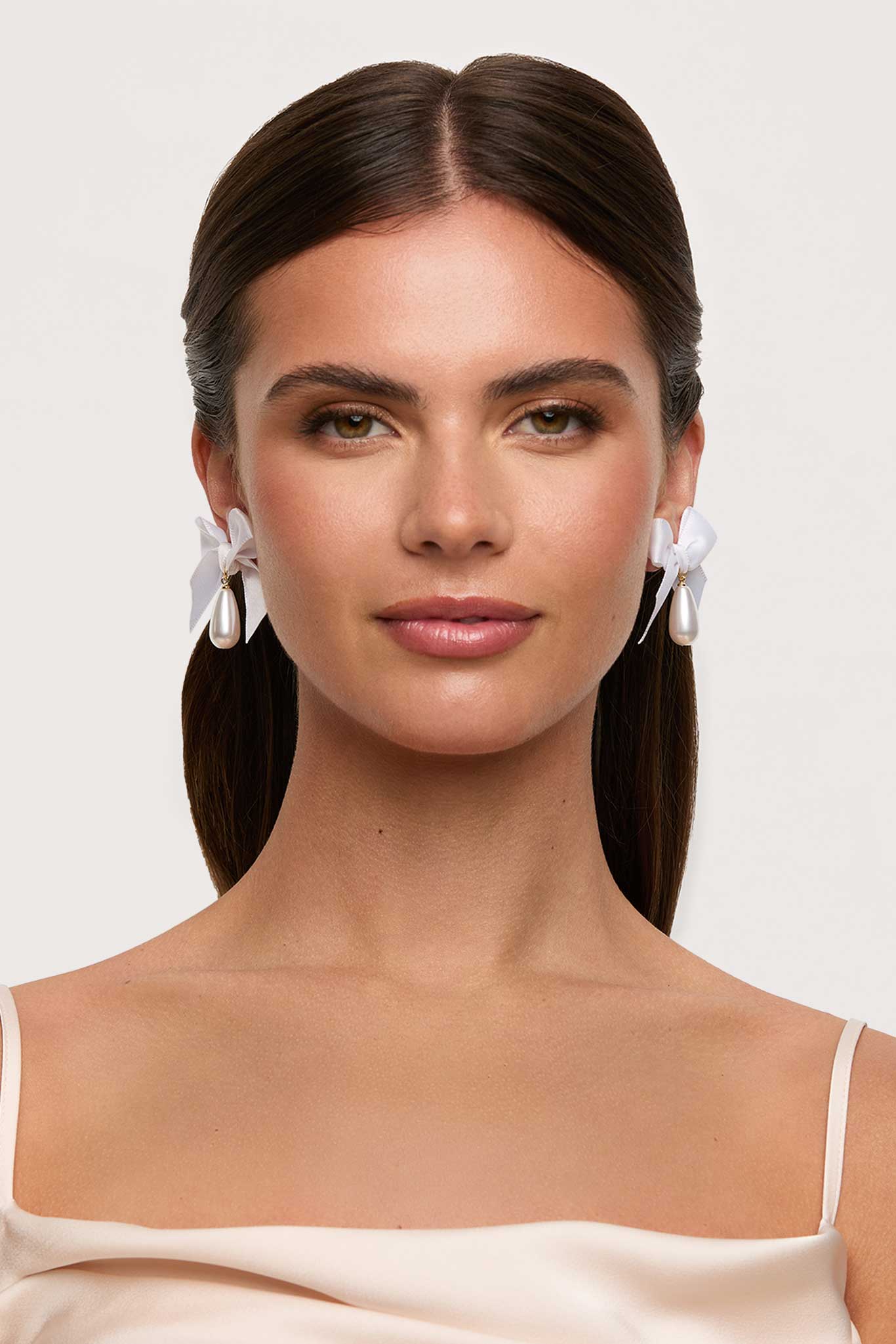 Bow Drop Pearl Earrings by Petit Moments - White - Image 2
