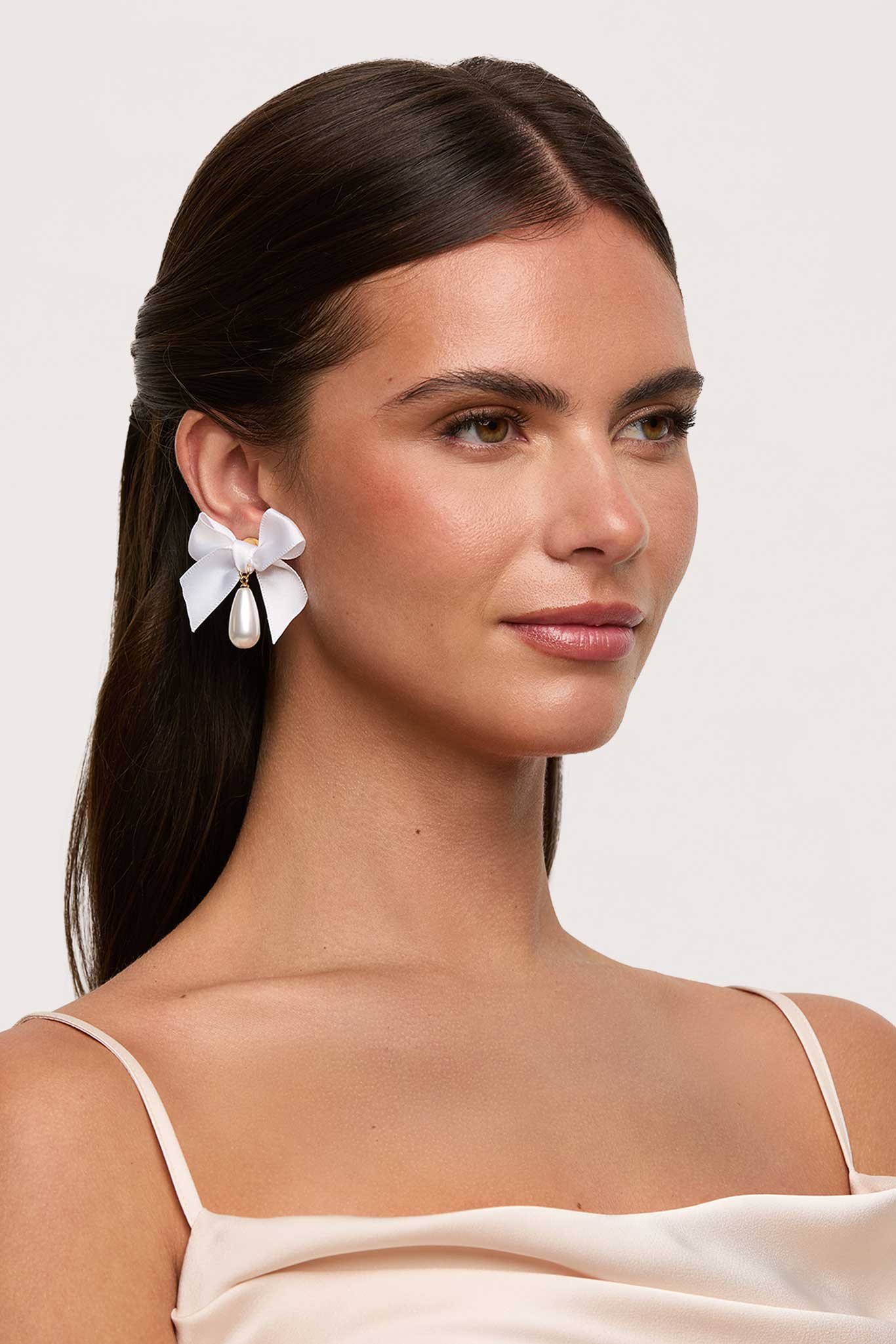 Bow Drop Pearl Earrings by Petit Moments - White - Image 3