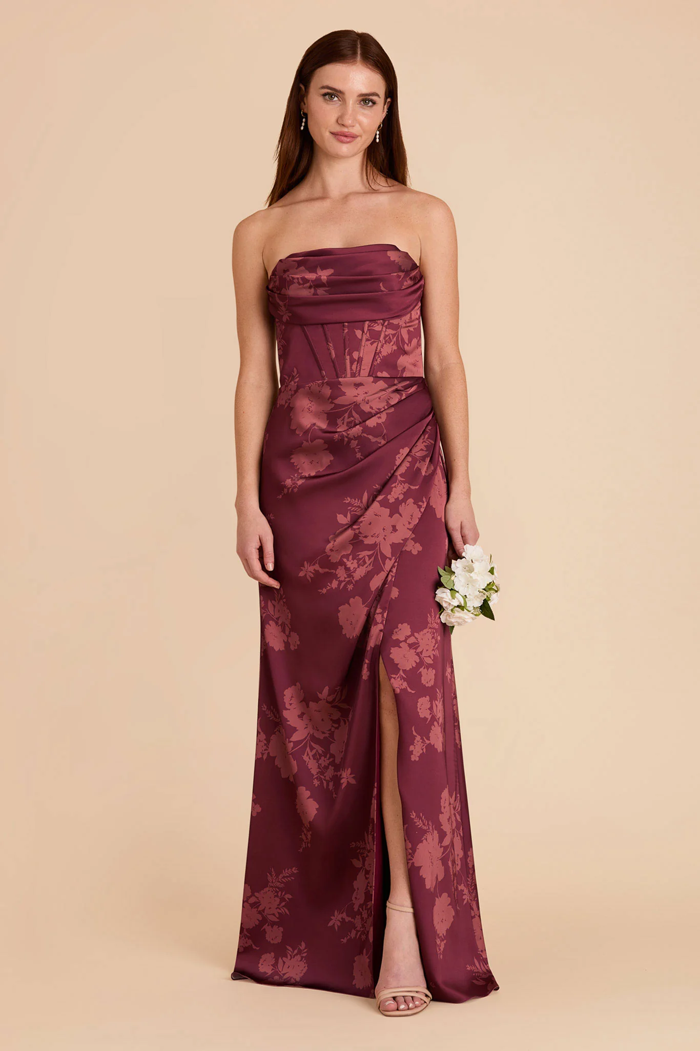 Carrie Matte Satin Dress - Sangria Whimsical Blooms
