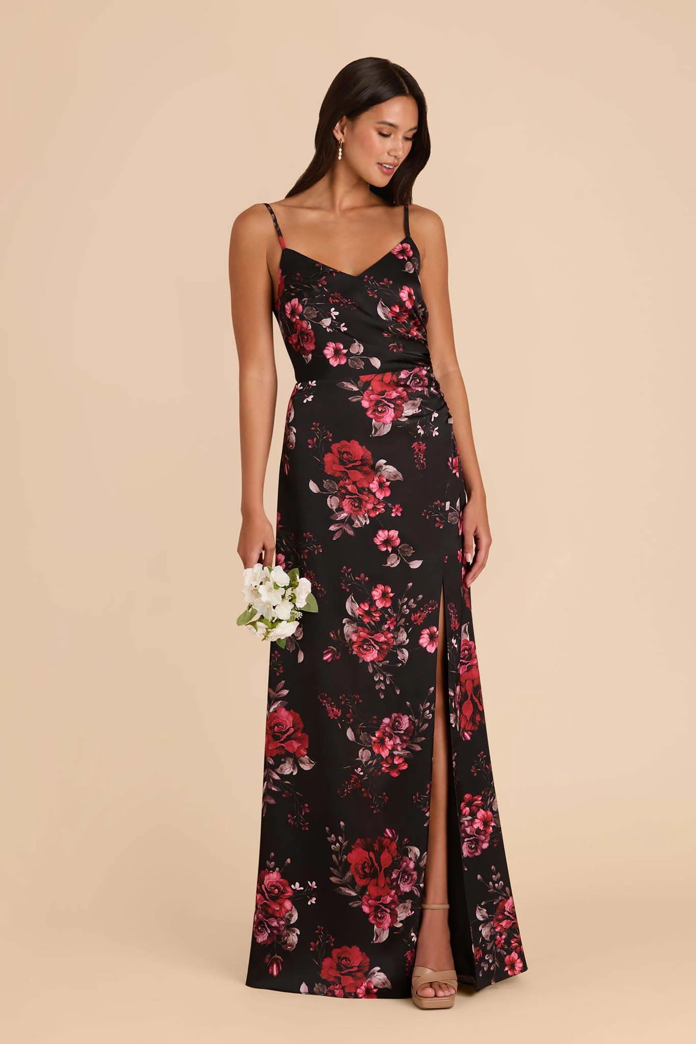 Catherine Matte Satin Dress - Black Fleurs D'Amour - Image 2