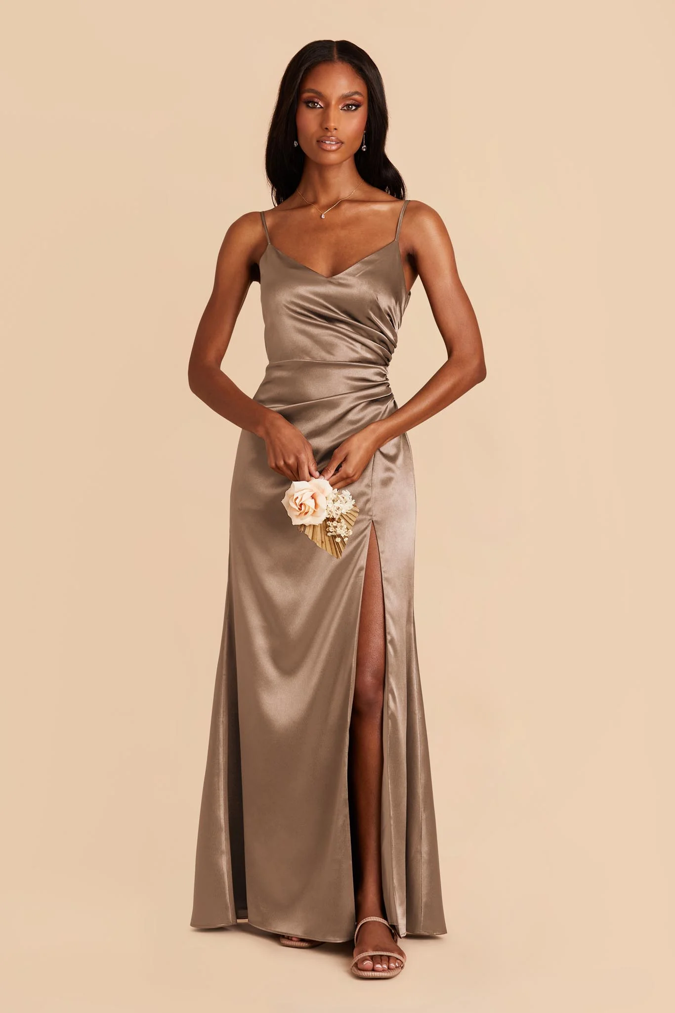 Catherine Shiny Satin Dress - Mocha
