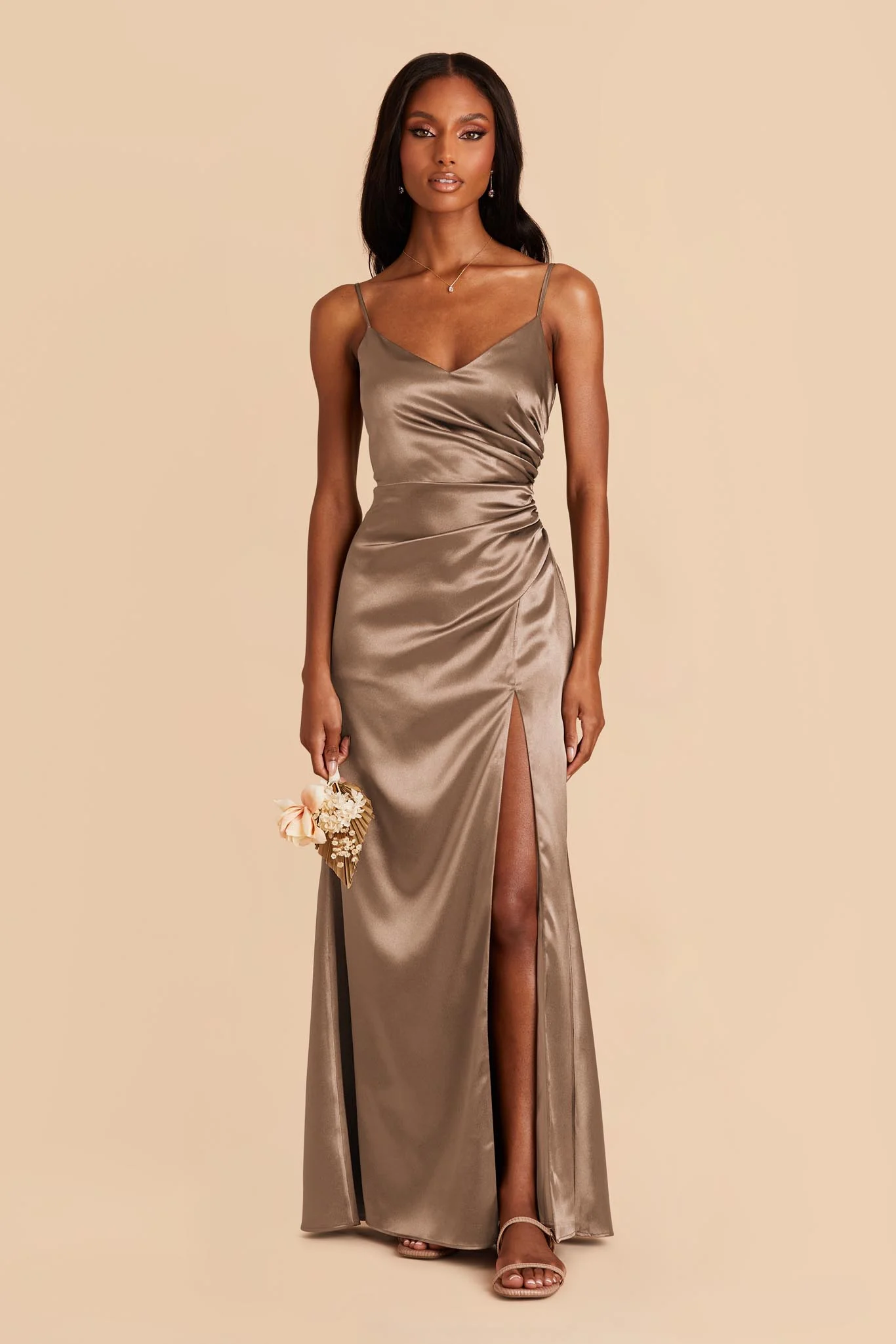 Catherine Shiny Satin Dress - Mocha - Image 2