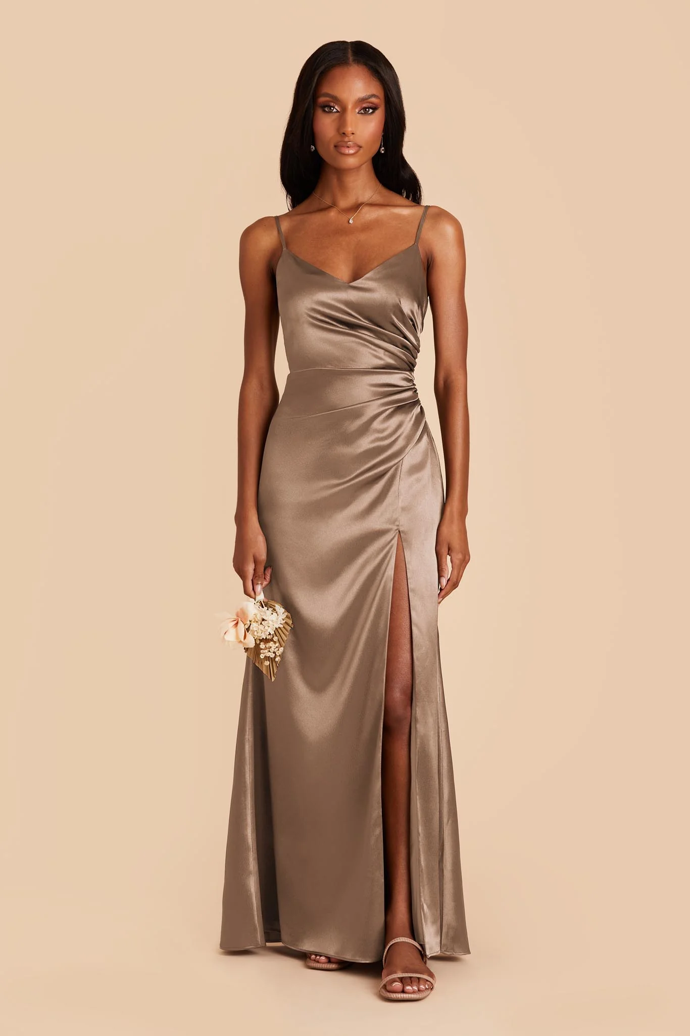 Catherine Shiny Satin Dress - Mocha - Image 3
