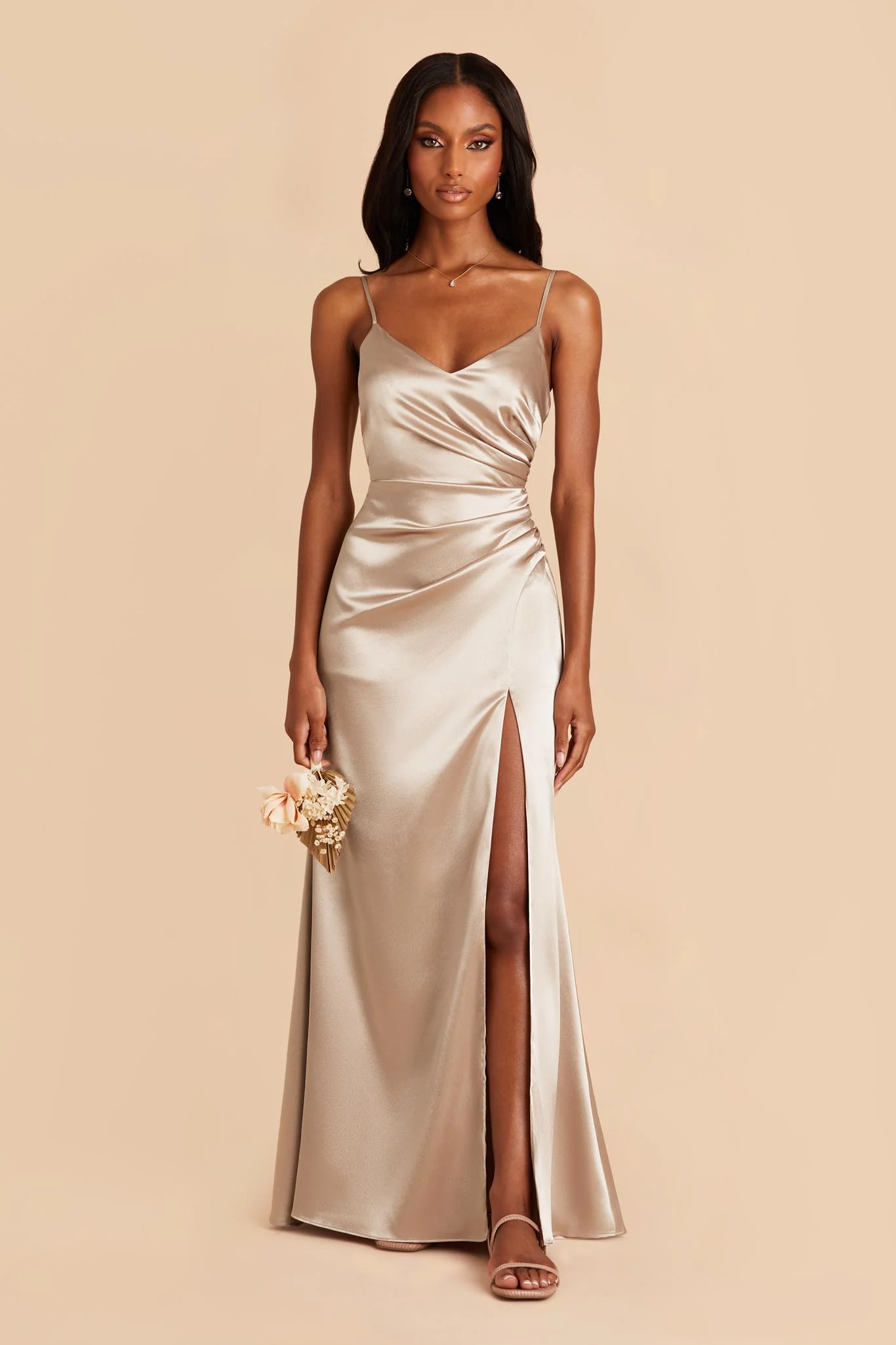 Catherine Shiny Satin Dress - Neutral Champagne - Image 2