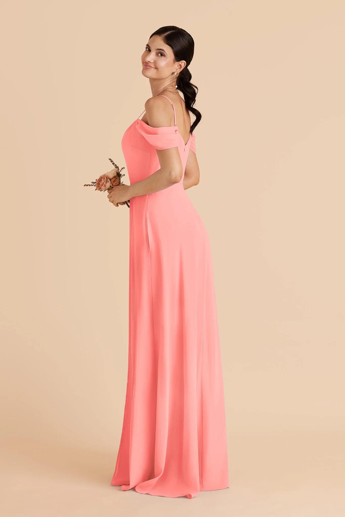 Devin Chiffon Dress With Slit - Coral Pink - Image 3