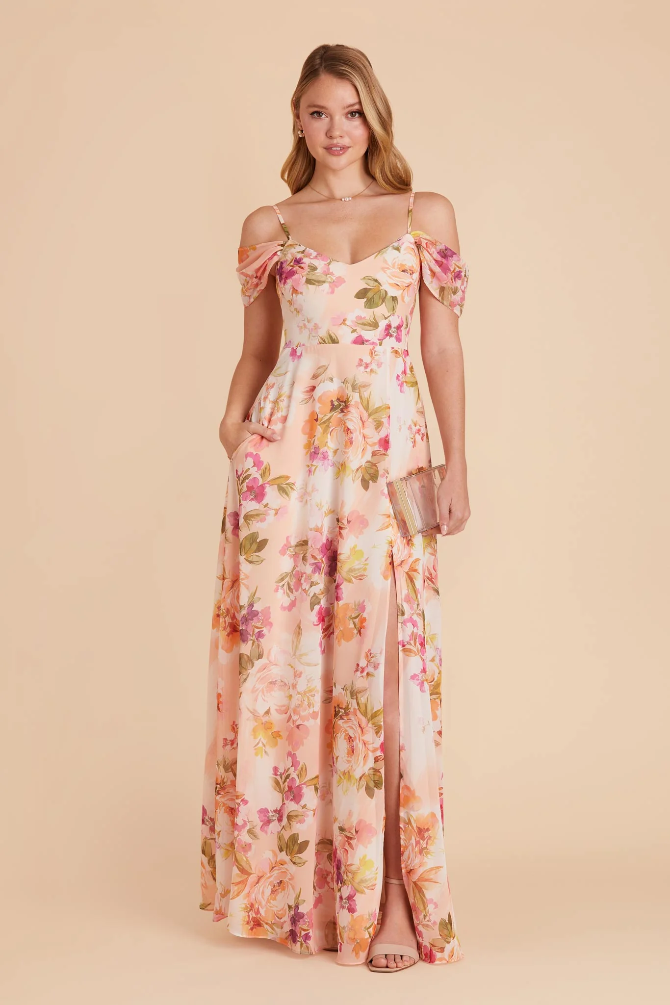 Devin Chiffon Dress With Slit - Coral Sunset Peonies - Image 5