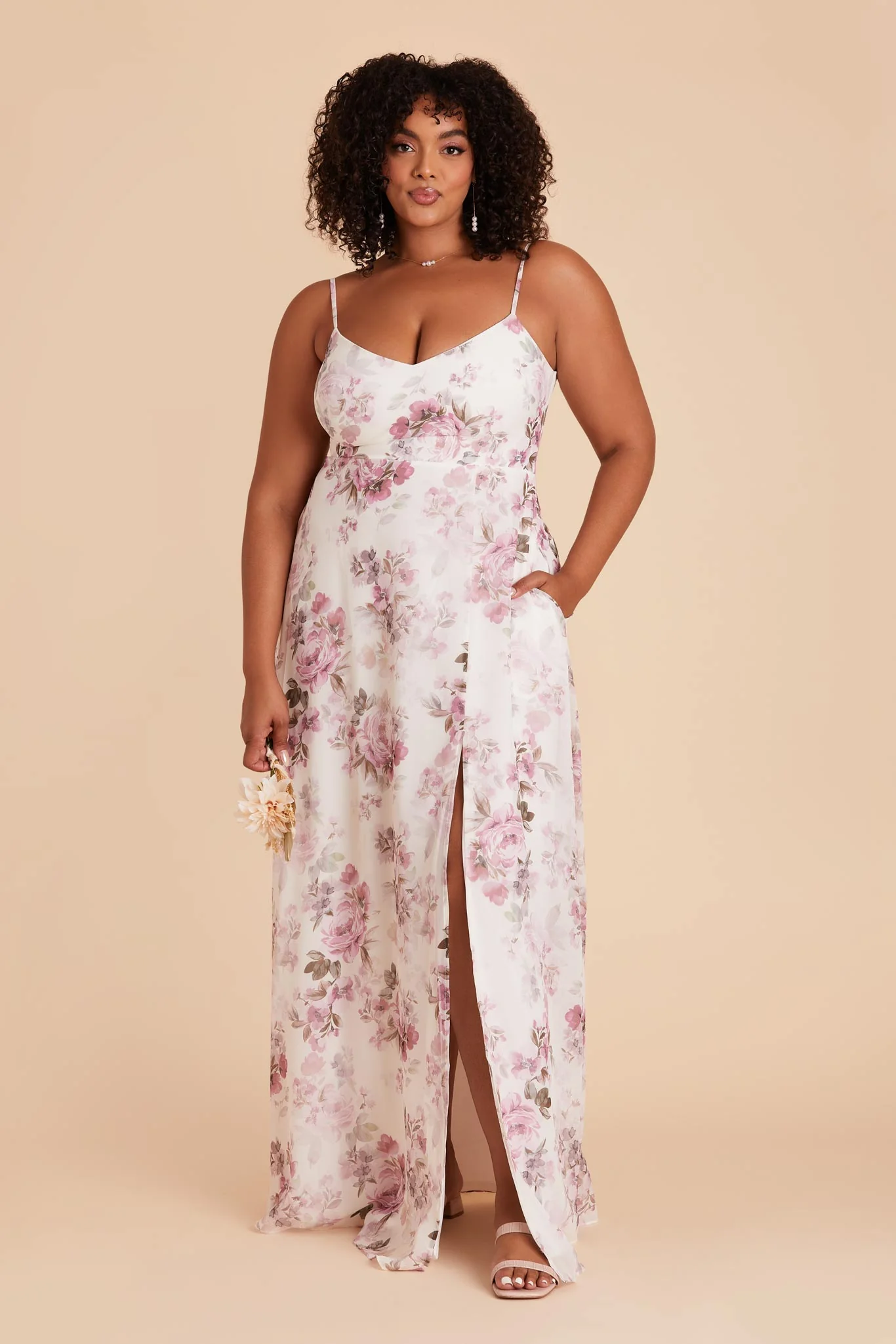 Devin Chiffon Dress With Slit - Dusty Pink Peonies - Image 15