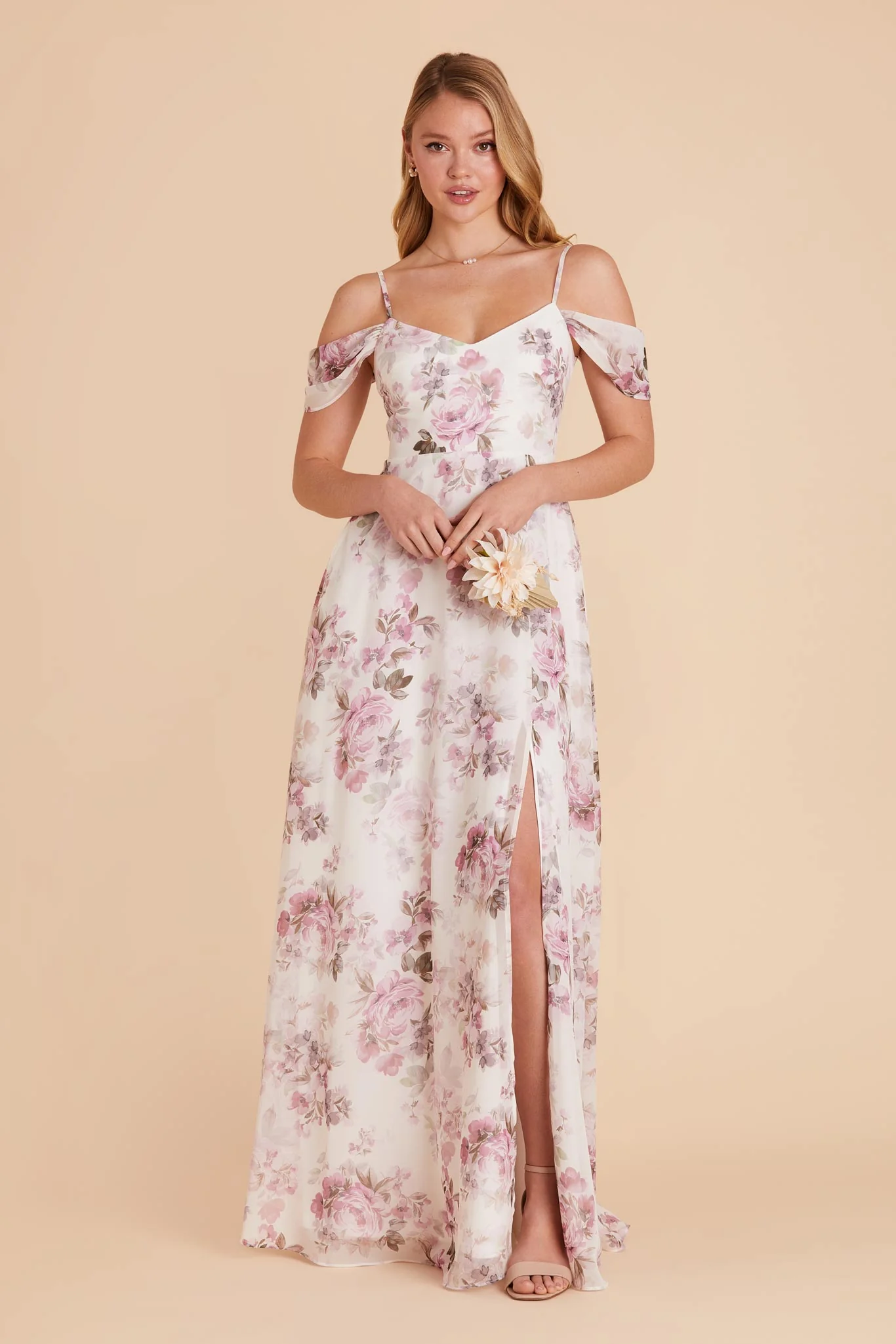 Devin Chiffon Dress With Slit - Dusty Pink Peonies - Image 7