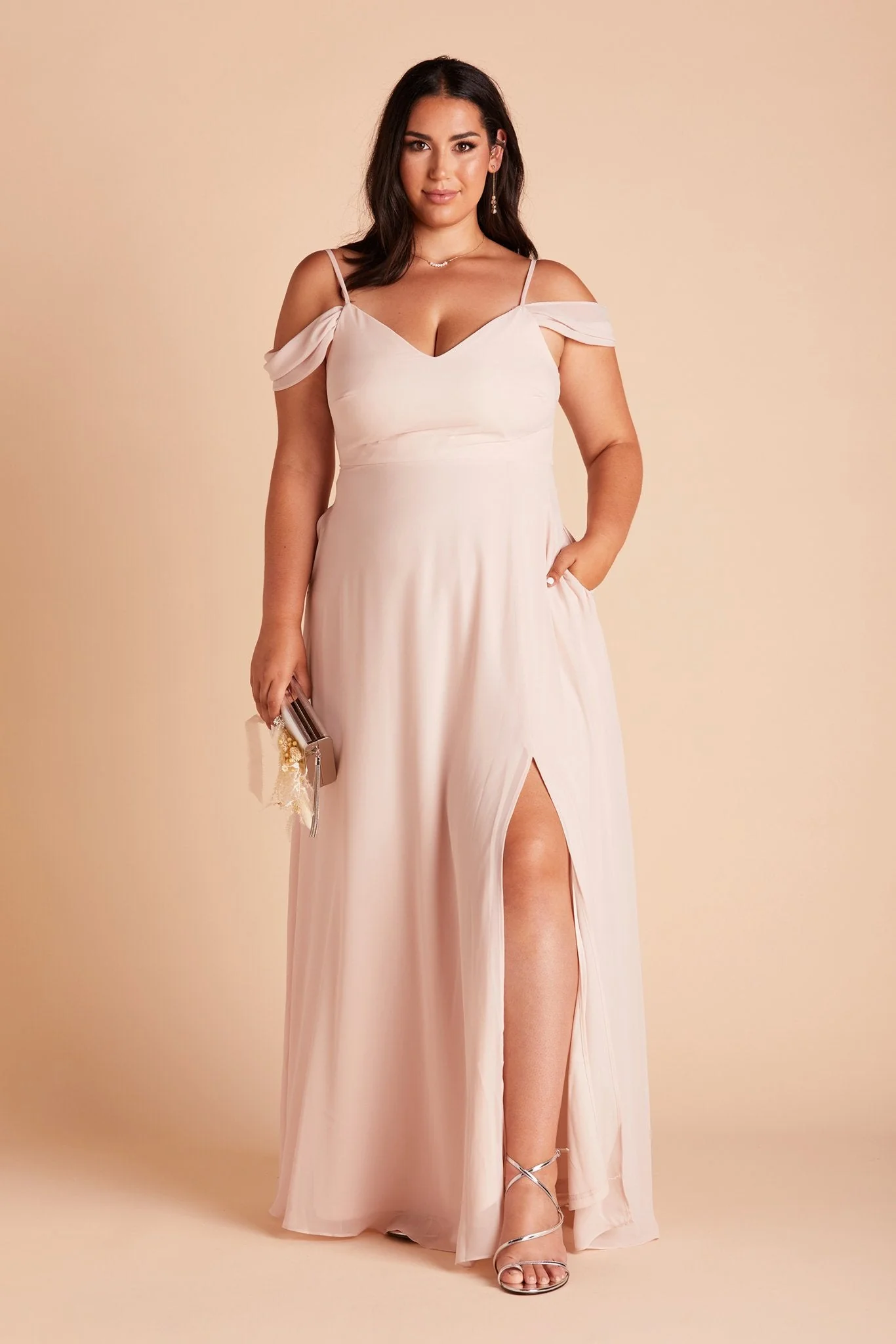 Devin Chiffon Dress With Slit - Pale Blush - Image 12
