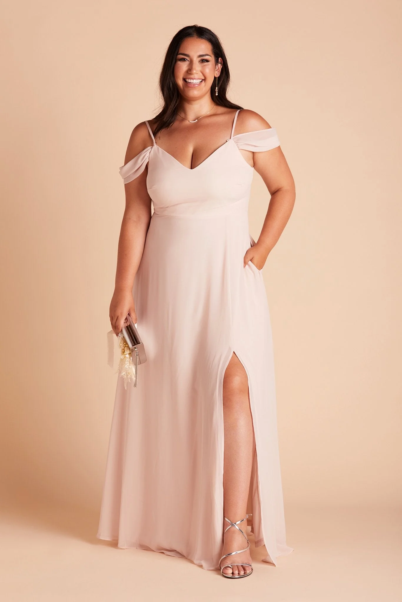 Devin Chiffon Dress With Slit - Pale Blush - Image 13