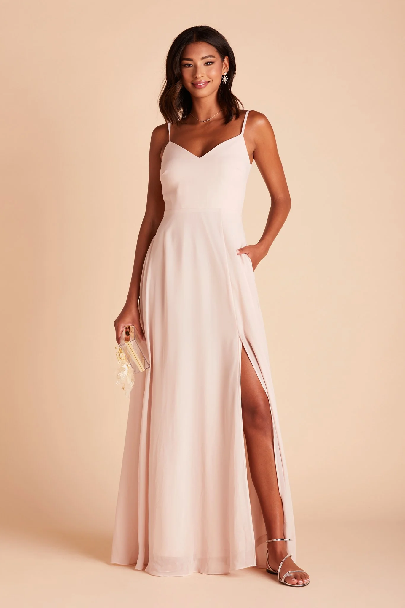 Devin Chiffon Dress With Slit - Pale Blush - Image 9