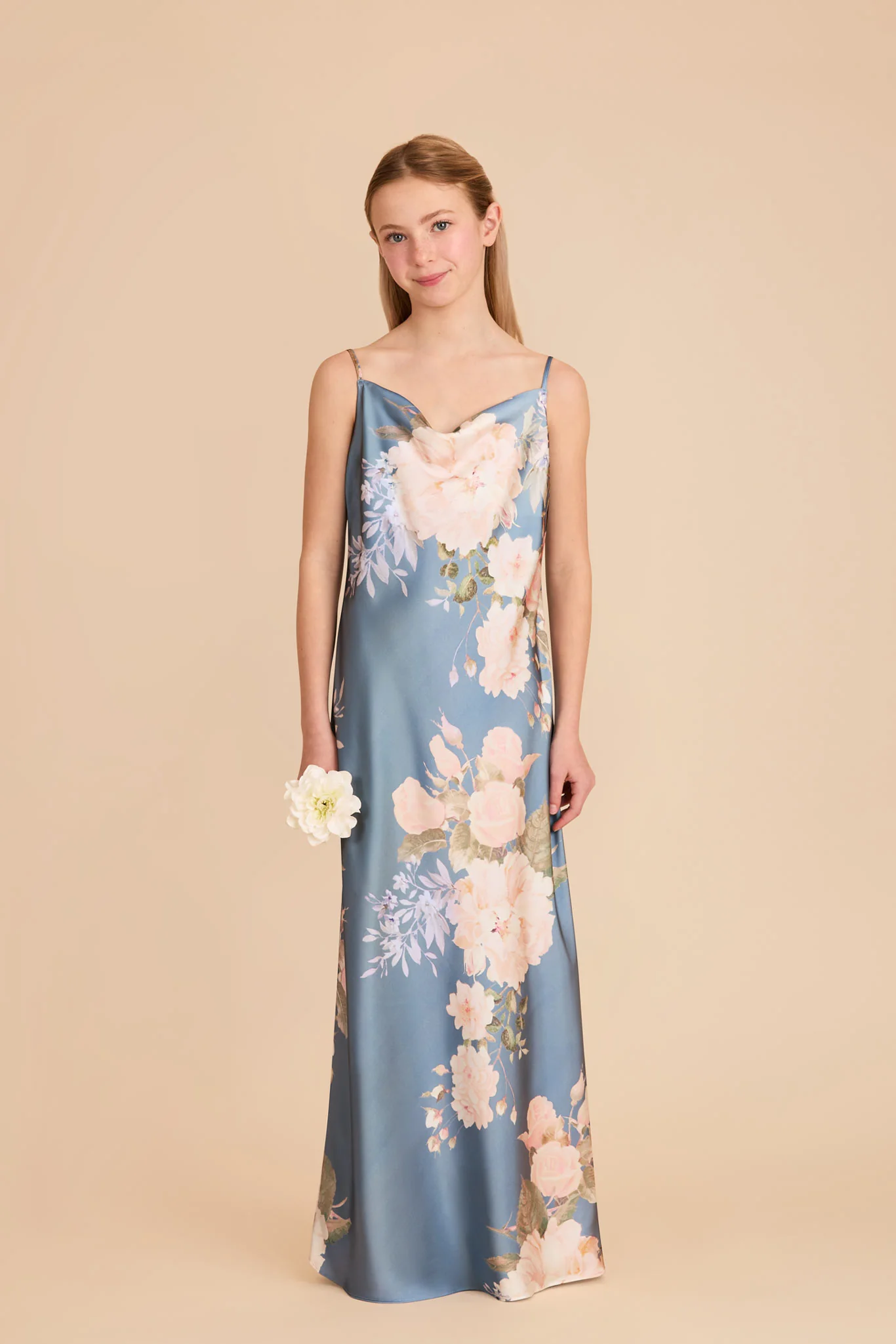 Elisa Junior Matte Satin Dress - Dusty Blue Romantic Bouquet