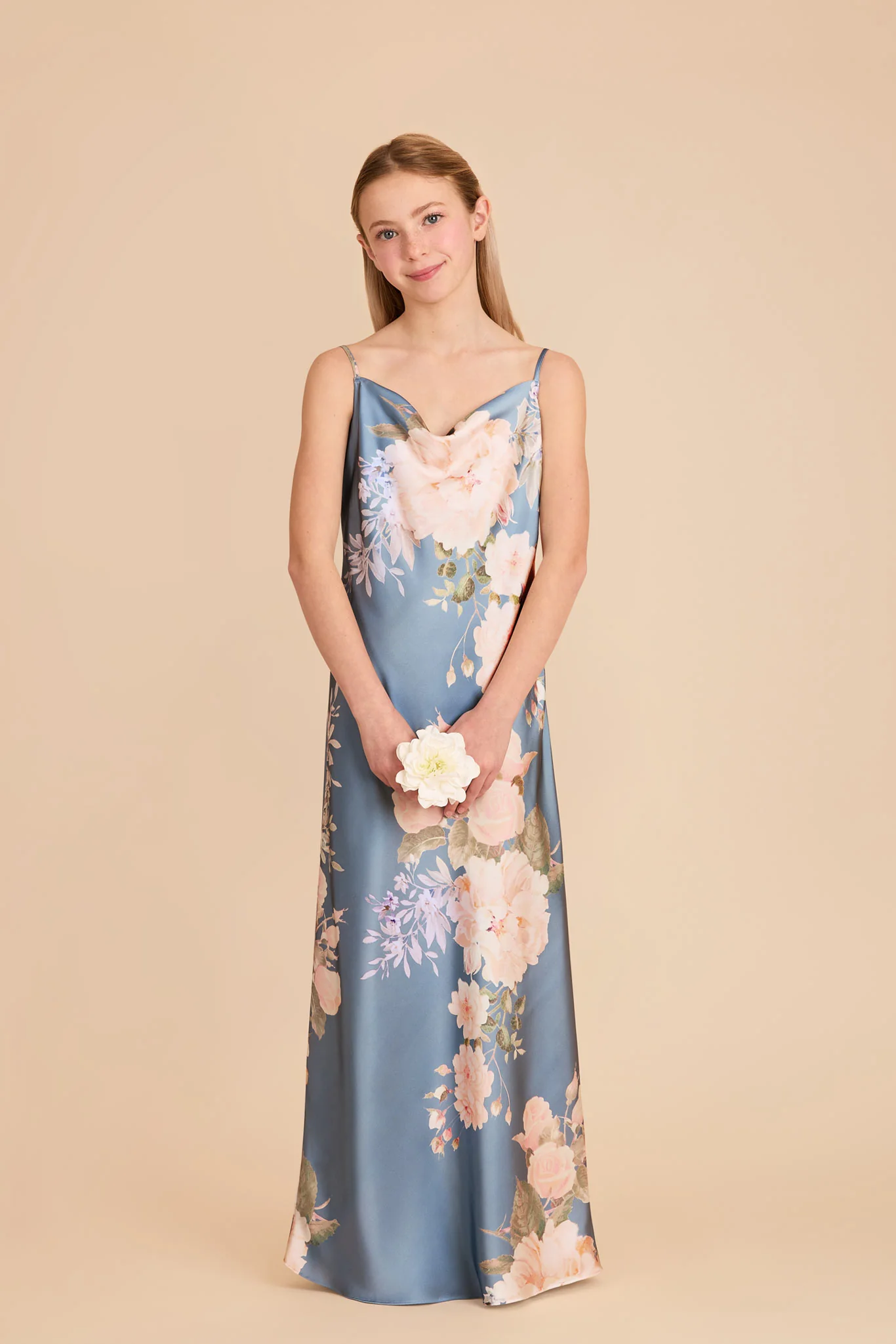 Elisa Junior Matte Satin Dress - Dusty Blue Romantic Bouquet - Image 2