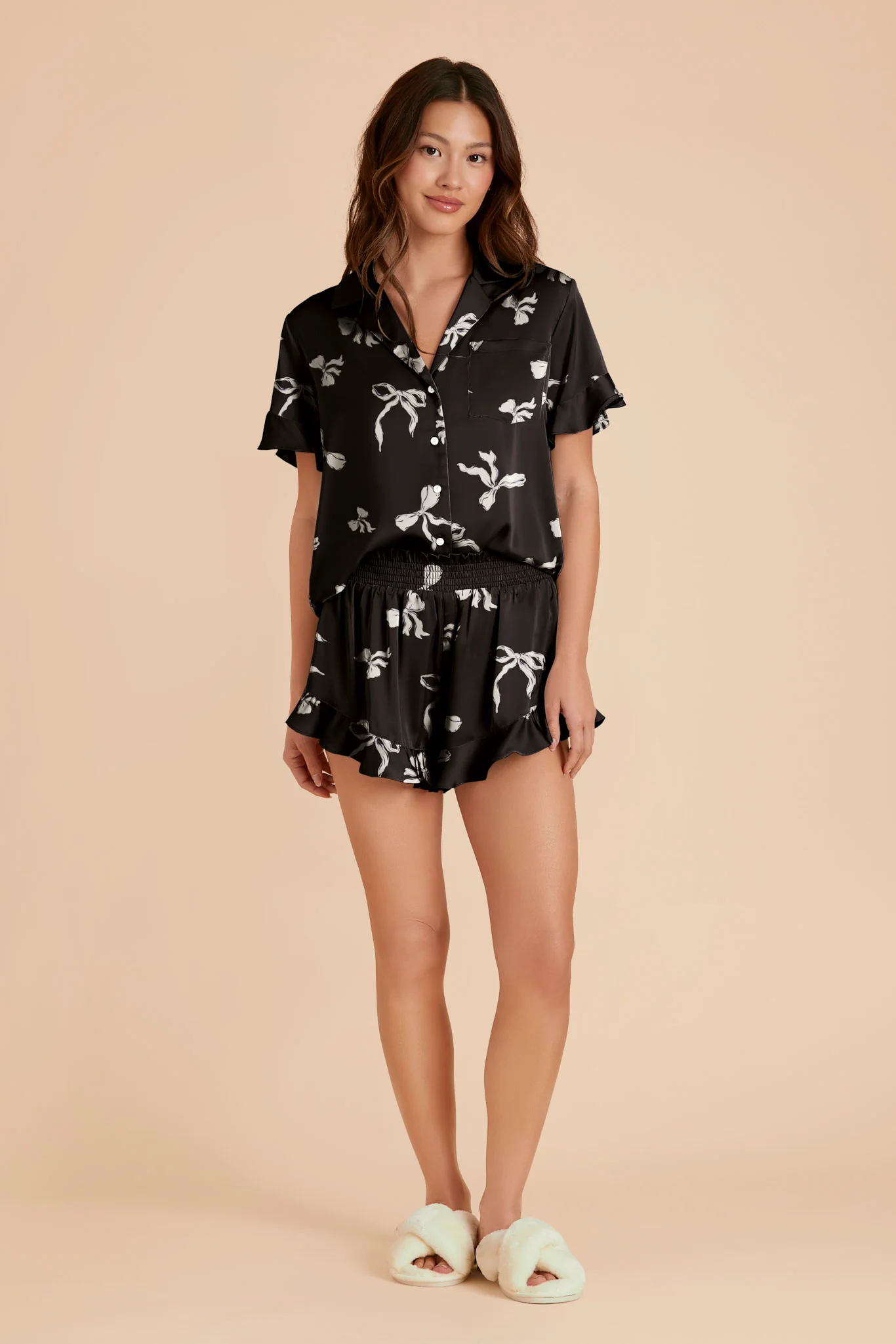 Esther Matte Satin Pajama Set - Black Bows - Image 2