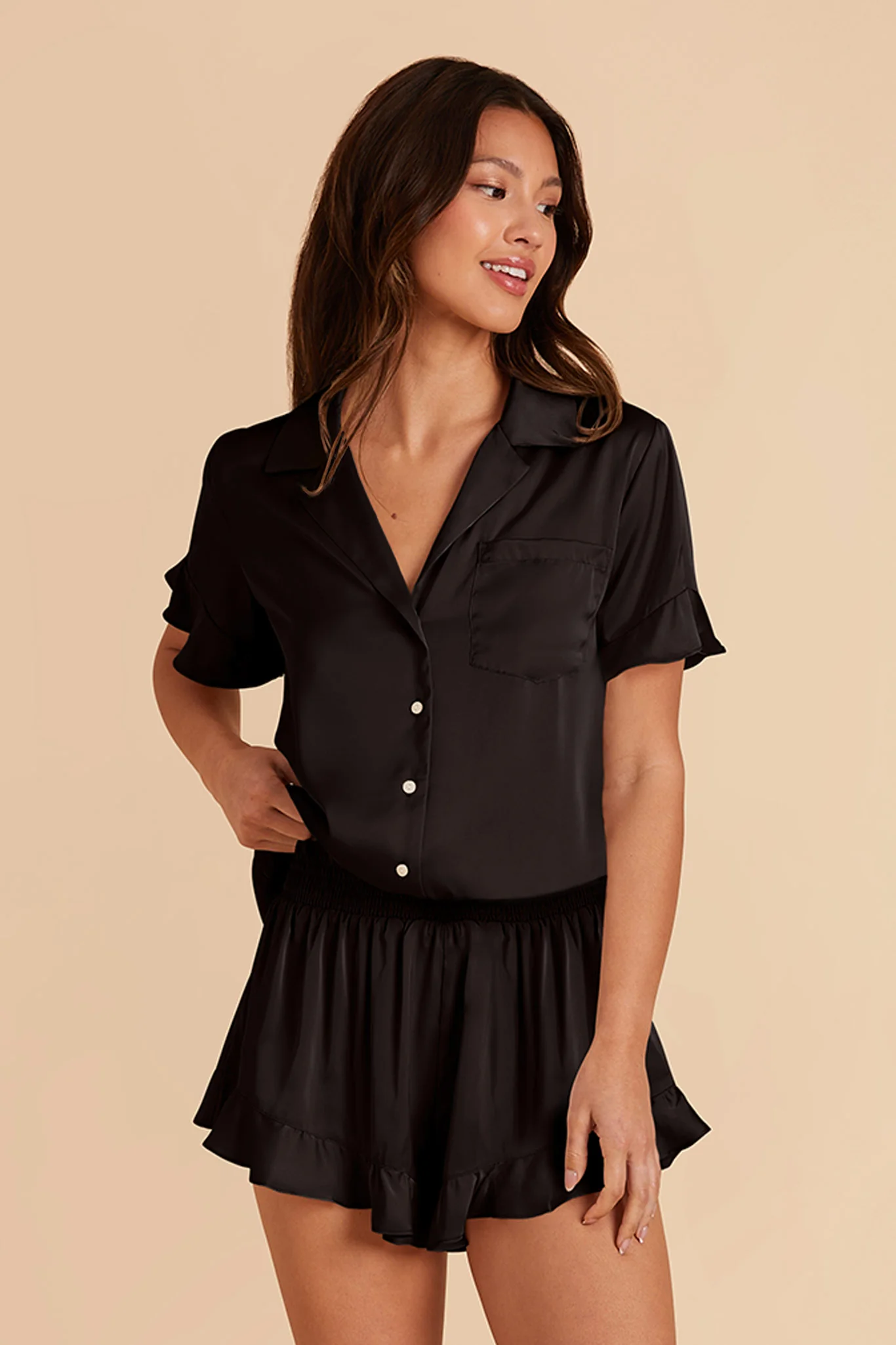 Esther Matte Satin Pajama Set - Black - Image 4