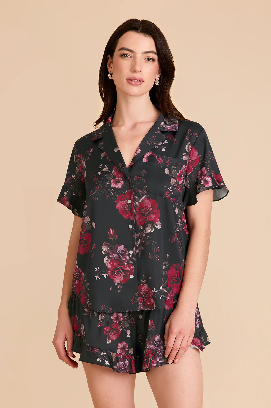 Esther Matte Satin Pajama Set - Black Fleurs D'Amour