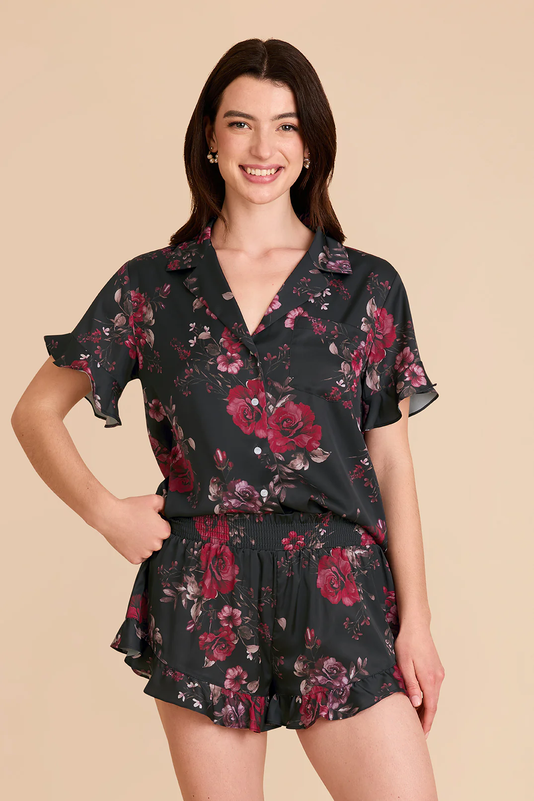 Esther Matte Satin Pajama Set - Black Fleurs D'Amour - Image 3