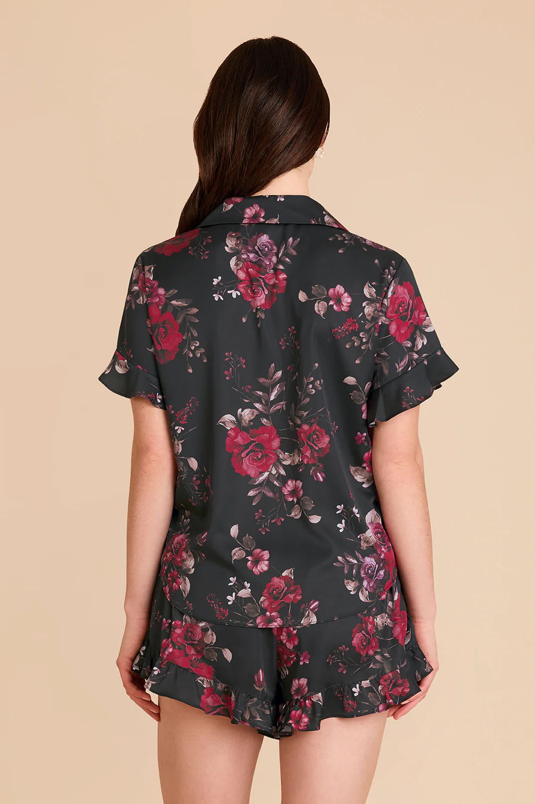Esther Matte Satin Pajama Set - Black Fleurs D'Amour - Image 5