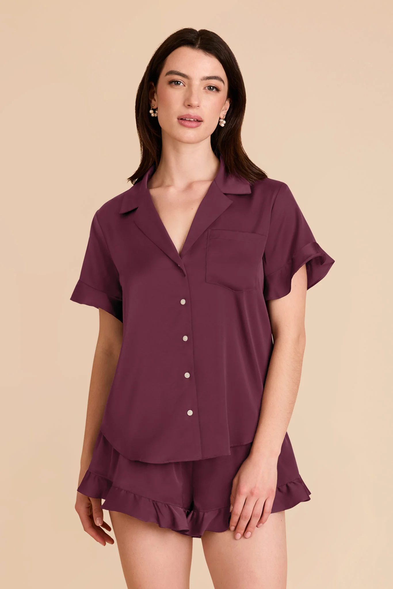 Esther Matte Satin Pajama Set - Cabernet - Image 3