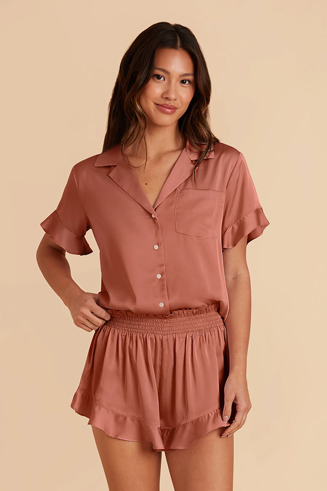 Esther Matte Satin Pajama Set - Desert Rose - Image 3