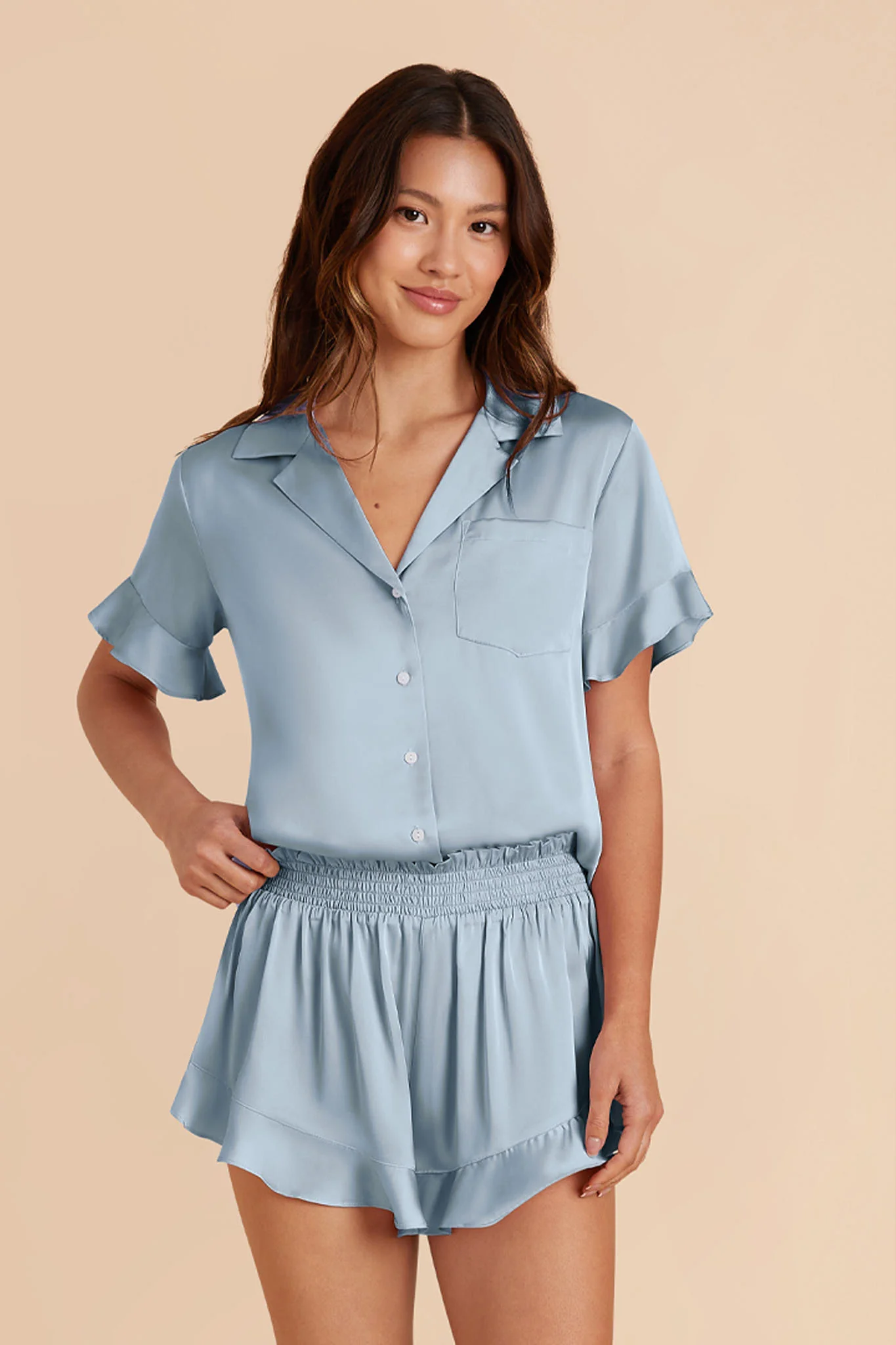 Esther Matte Satin Pajama Set - Dusty Blue - Image 2