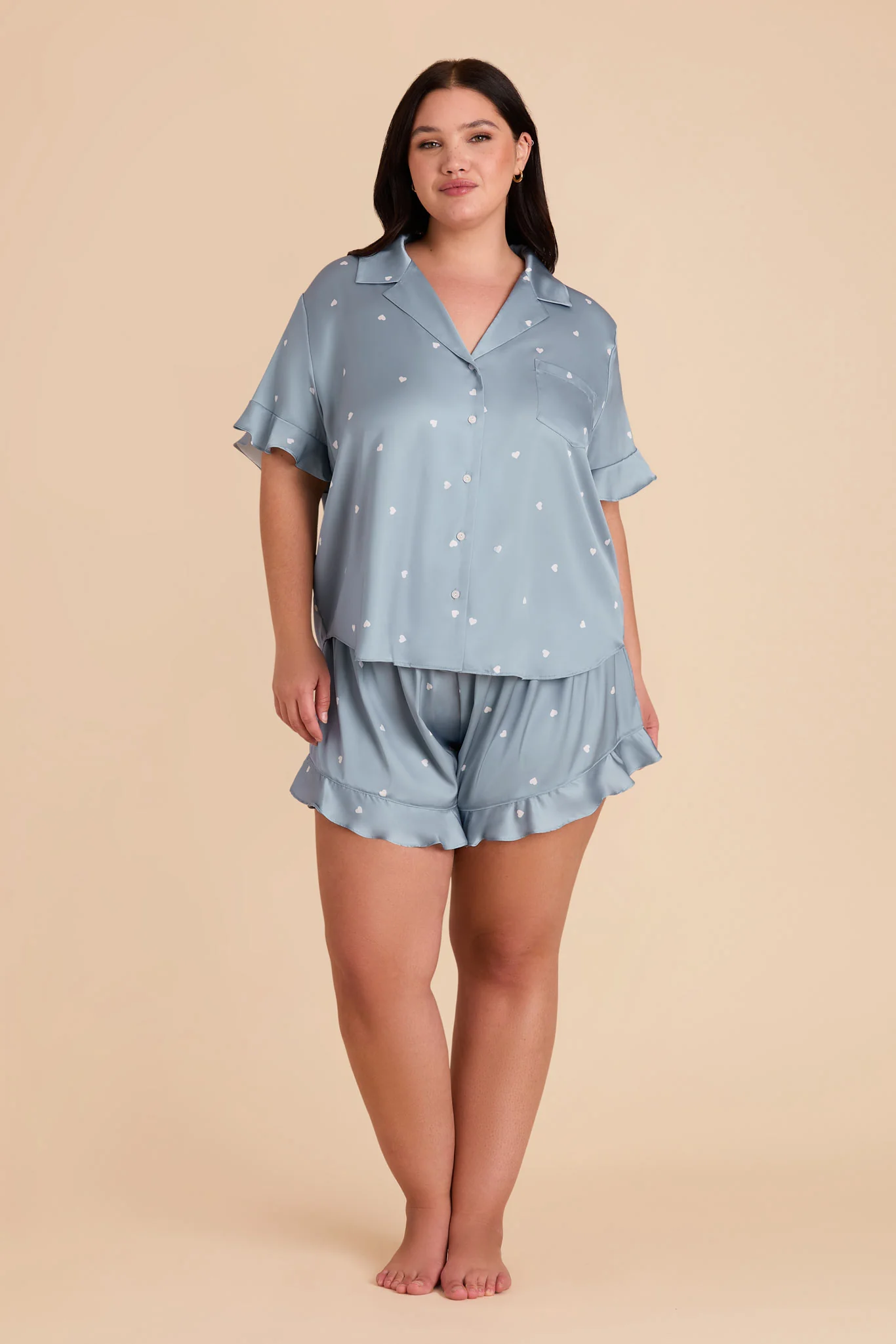 Esther Matte Satin Pajama Set - Dusty Blue White Hearts - Image 9