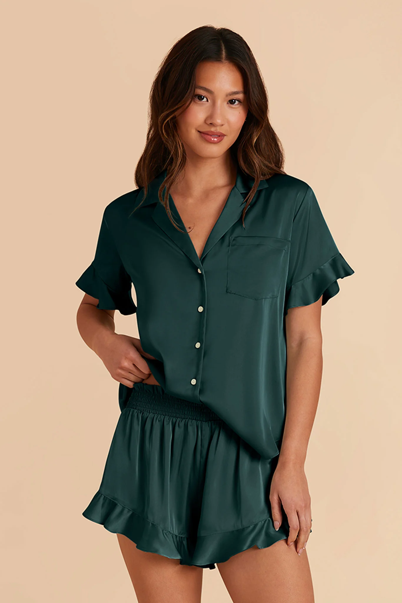 Esther Matte Satin Pajama Set - Emerald - Image 3