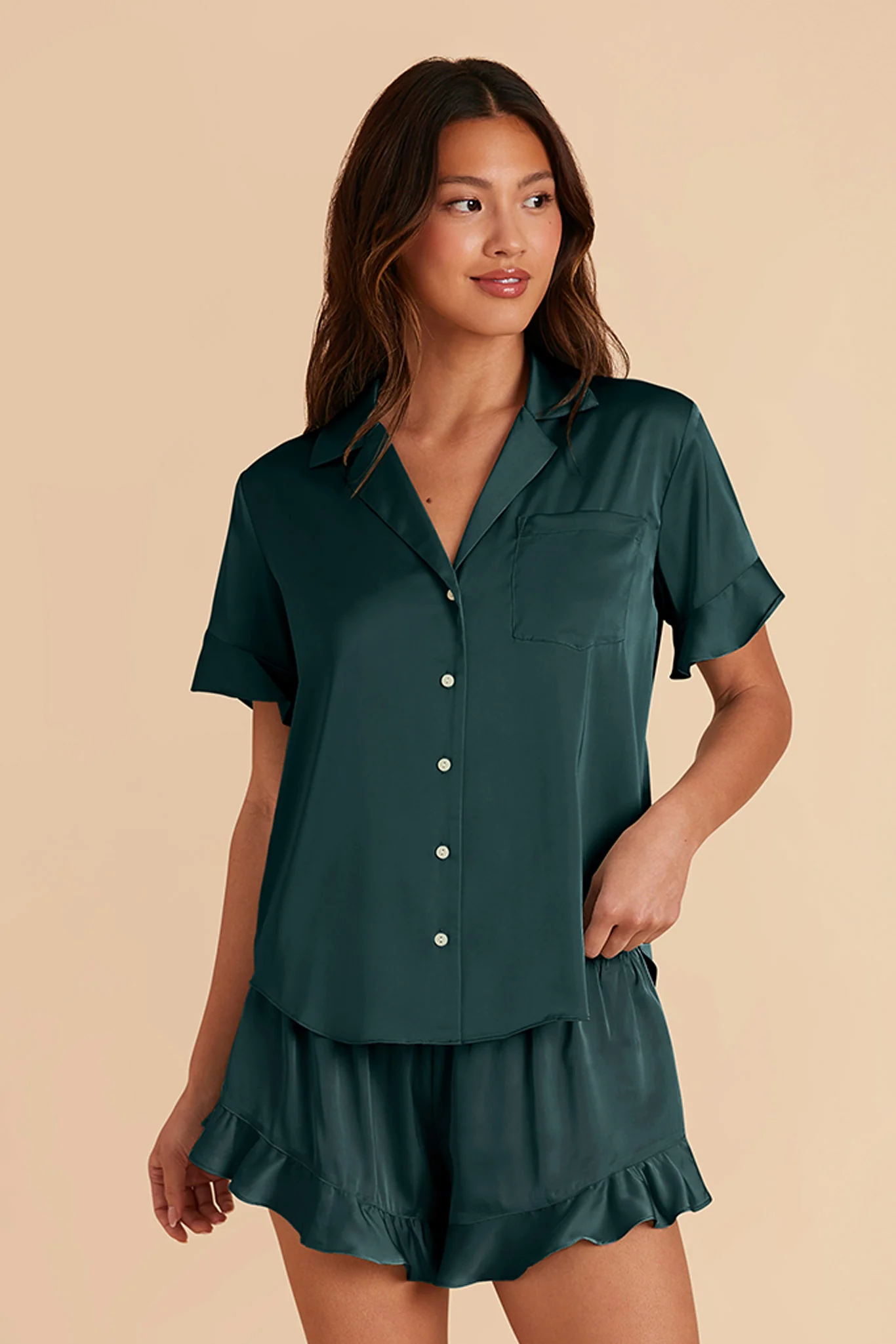Esther Matte Satin Pajama Set - Emerald - Image 4