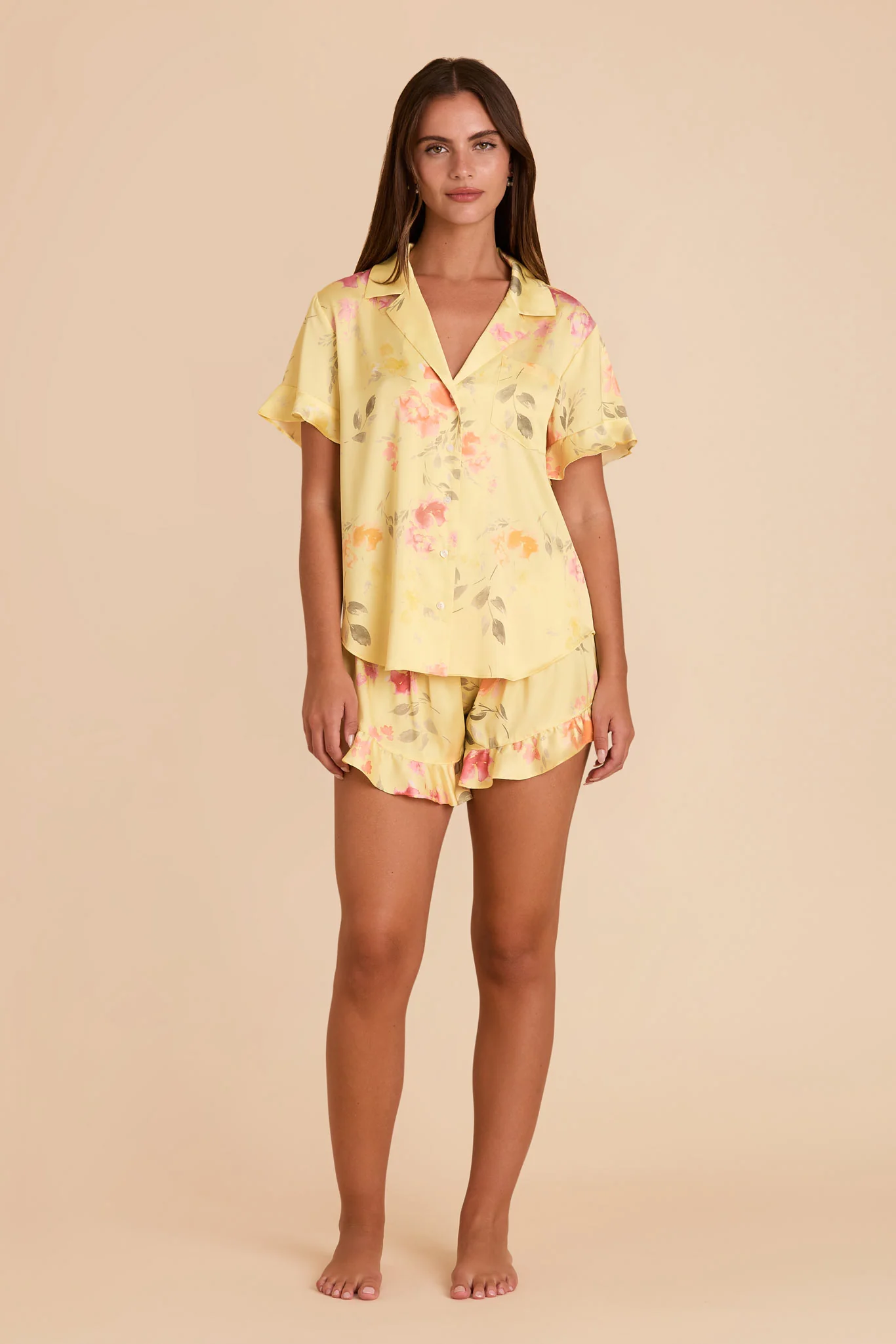 Esther Matte Satin Pajama Set - Pale Yellow Rococo Floral - Image 3