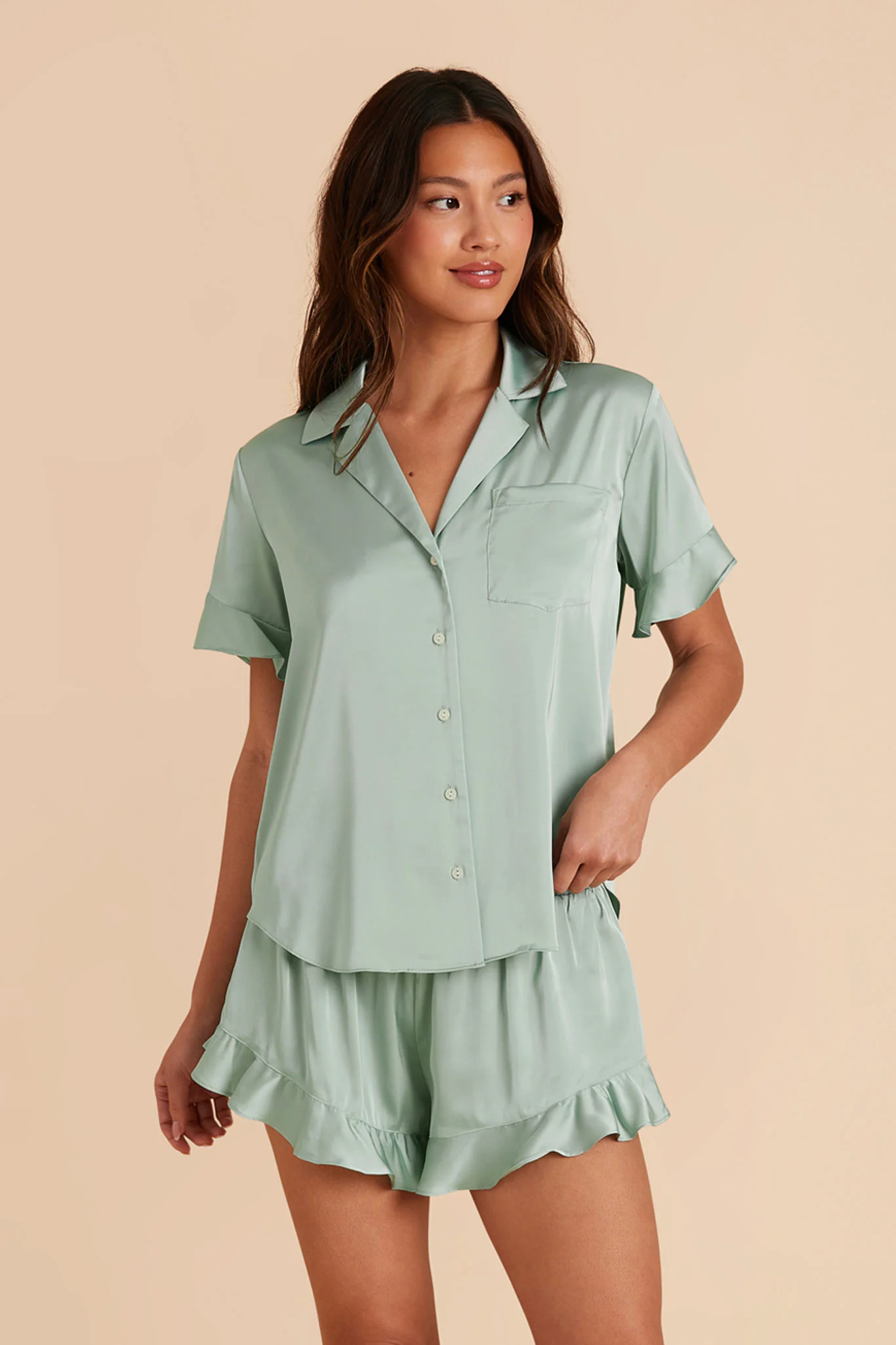 Esther Matte Satin Pajama Set - Sage