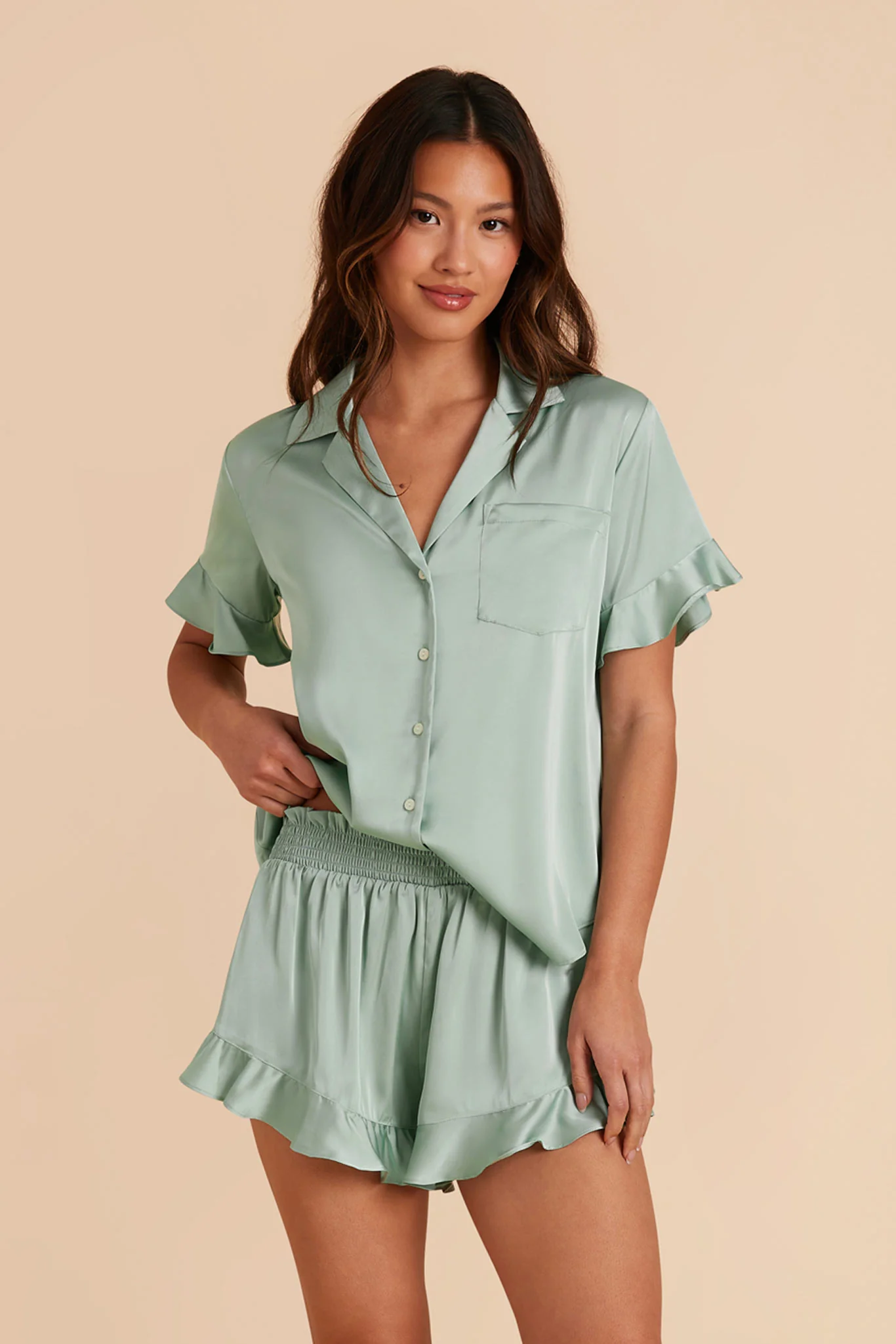 Esther Matte Satin Pajama Set - Sage - Image 4