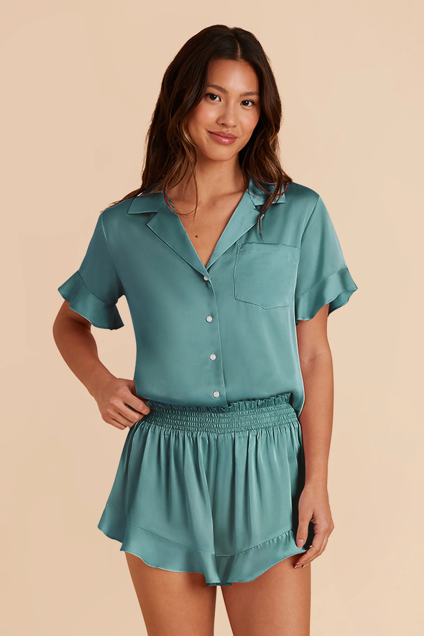 Esther Matte Satin Pajama Set - Sea Glass - Image 3