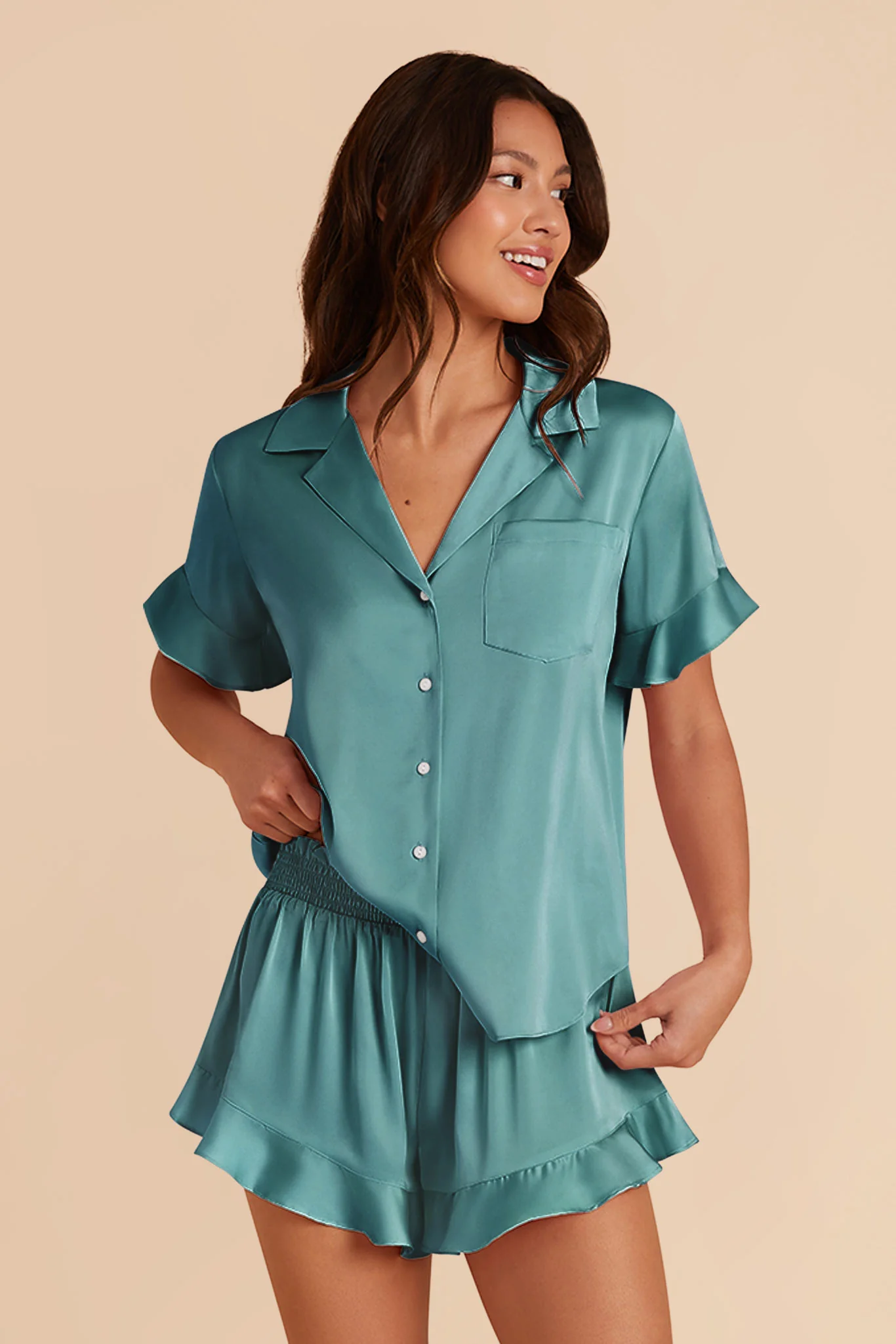 Esther Matte Satin Pajama Set - Sea Glass - Image 4