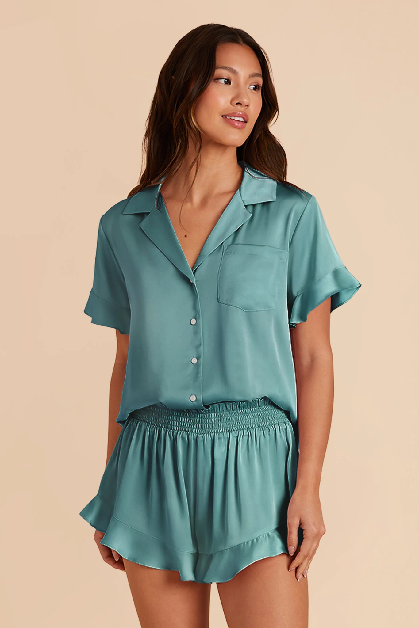 Esther Matte Satin Pajama Set - Sea Glass - Image 5