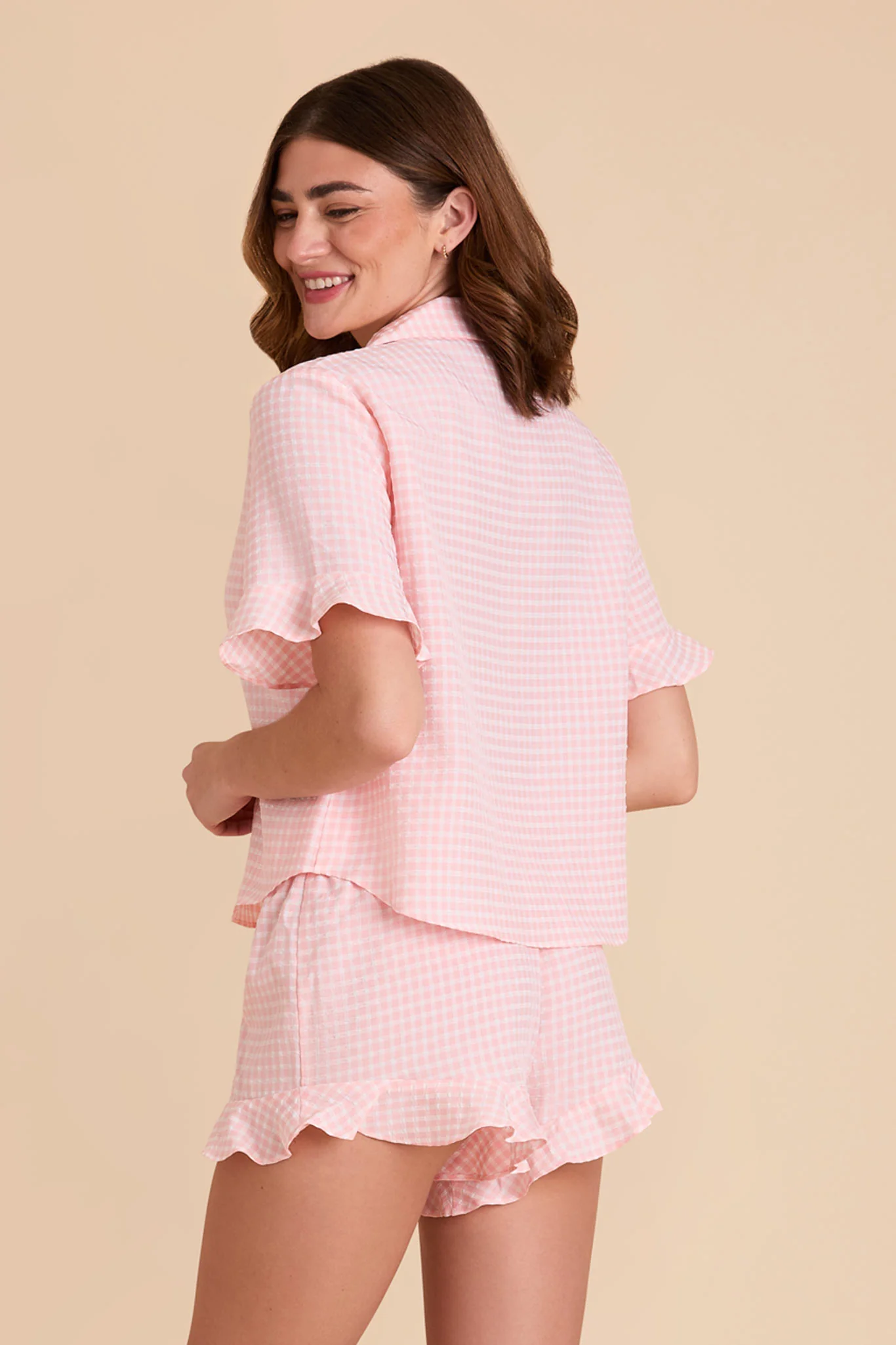 Frankie Gingham Pajama Set - Coral Pink Gingham - Image 10