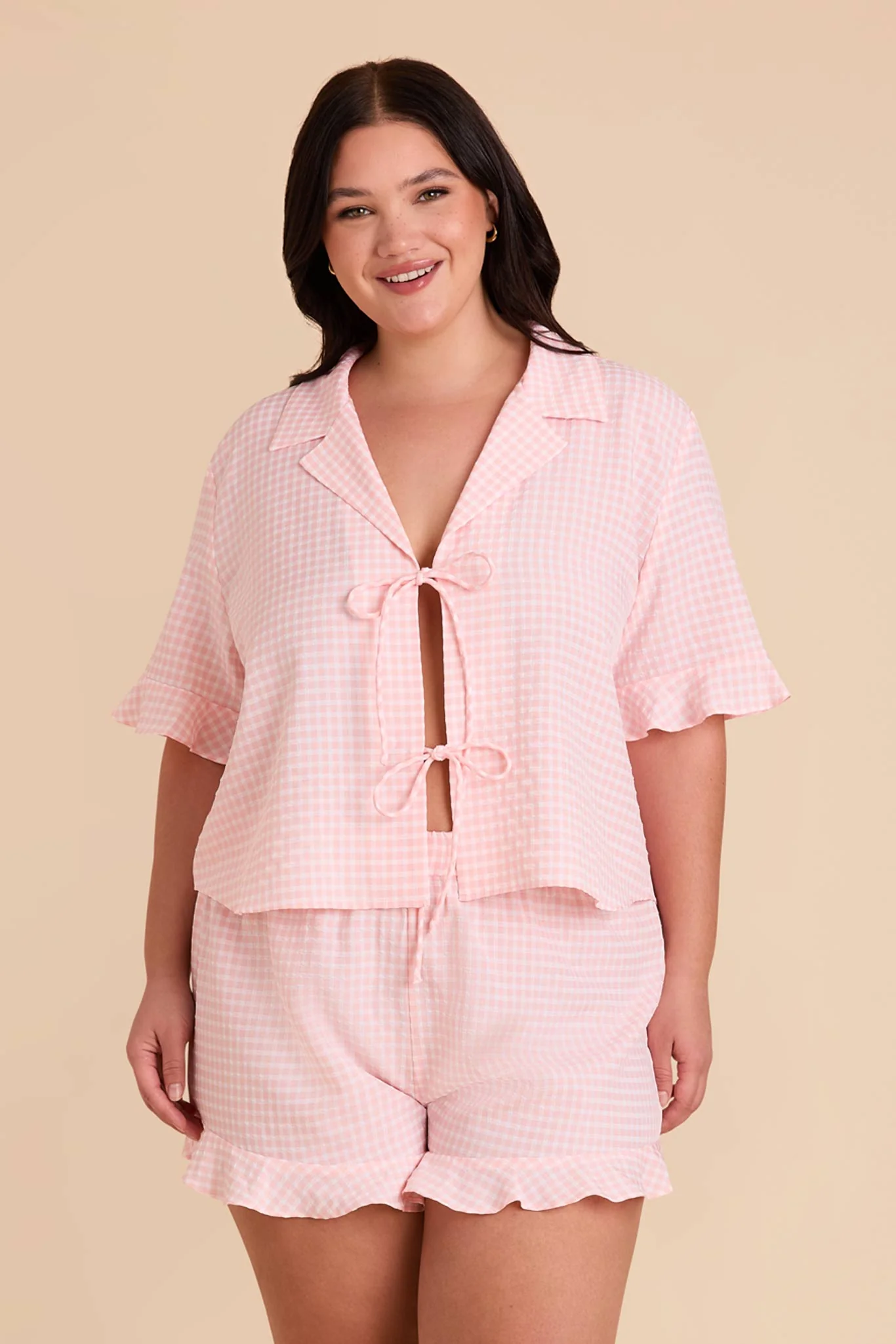 Frankie Gingham Pajama Set - Coral Pink Gingham - Image 12