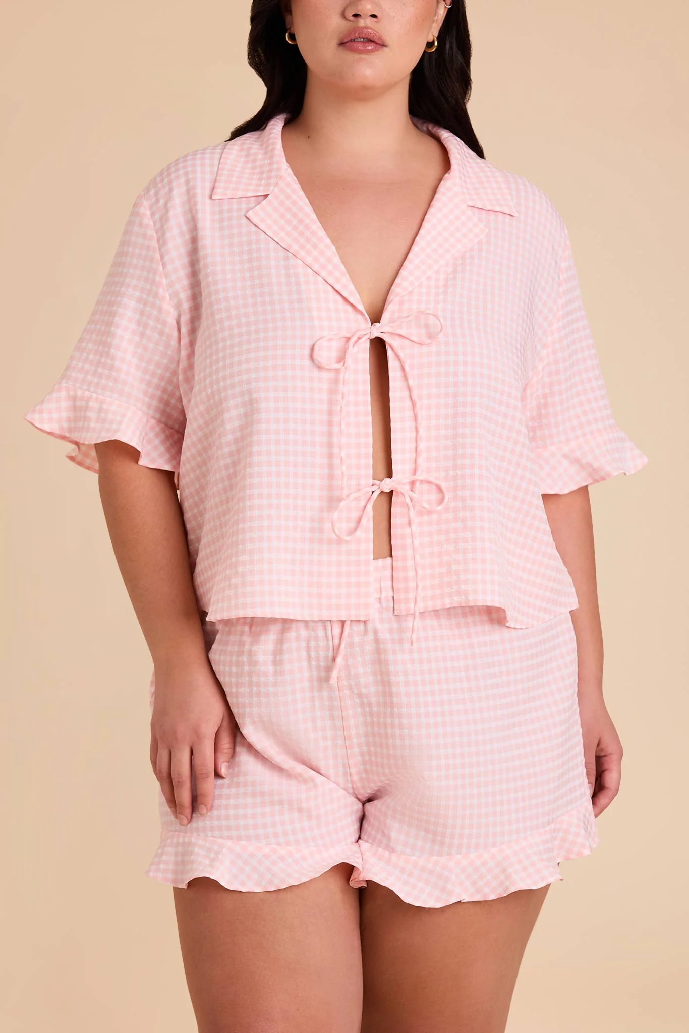 Frankie Gingham Pajama Set - Coral Pink Gingham - Image 13
