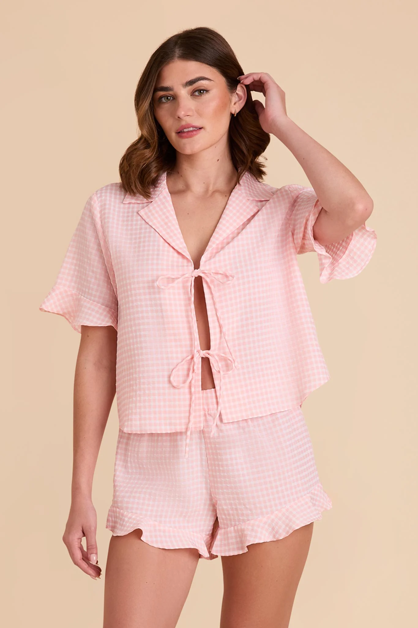 Frankie Gingham Pajama Set - Coral Pink Gingham - Image 4