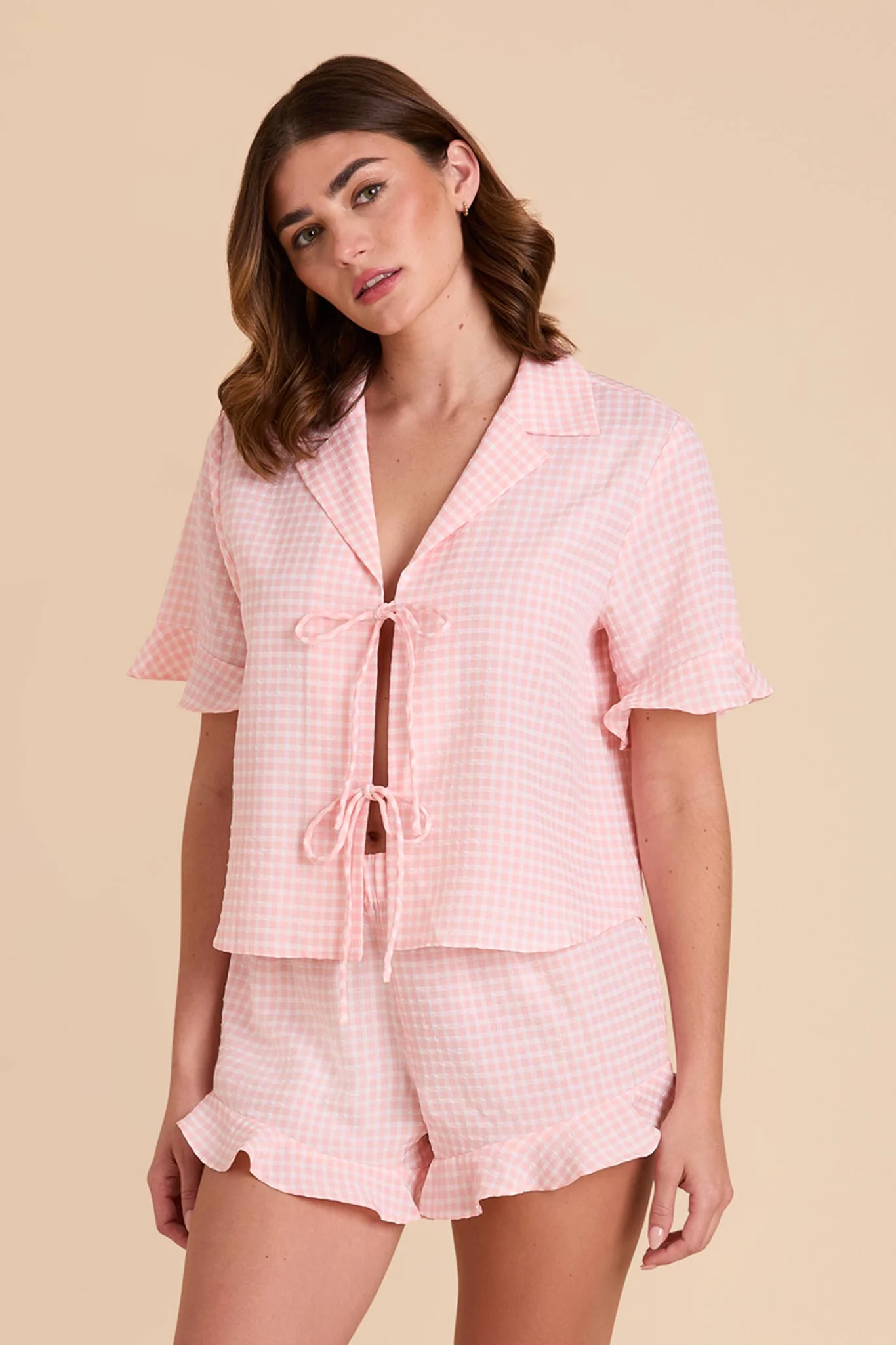 Frankie Gingham Pajama Set - Coral Pink Gingham - Image 6