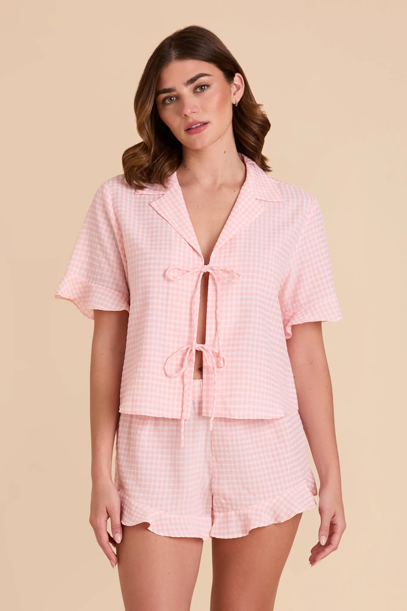 Frankie Gingham Pajama Set - Coral Pink Gingham - Image 7