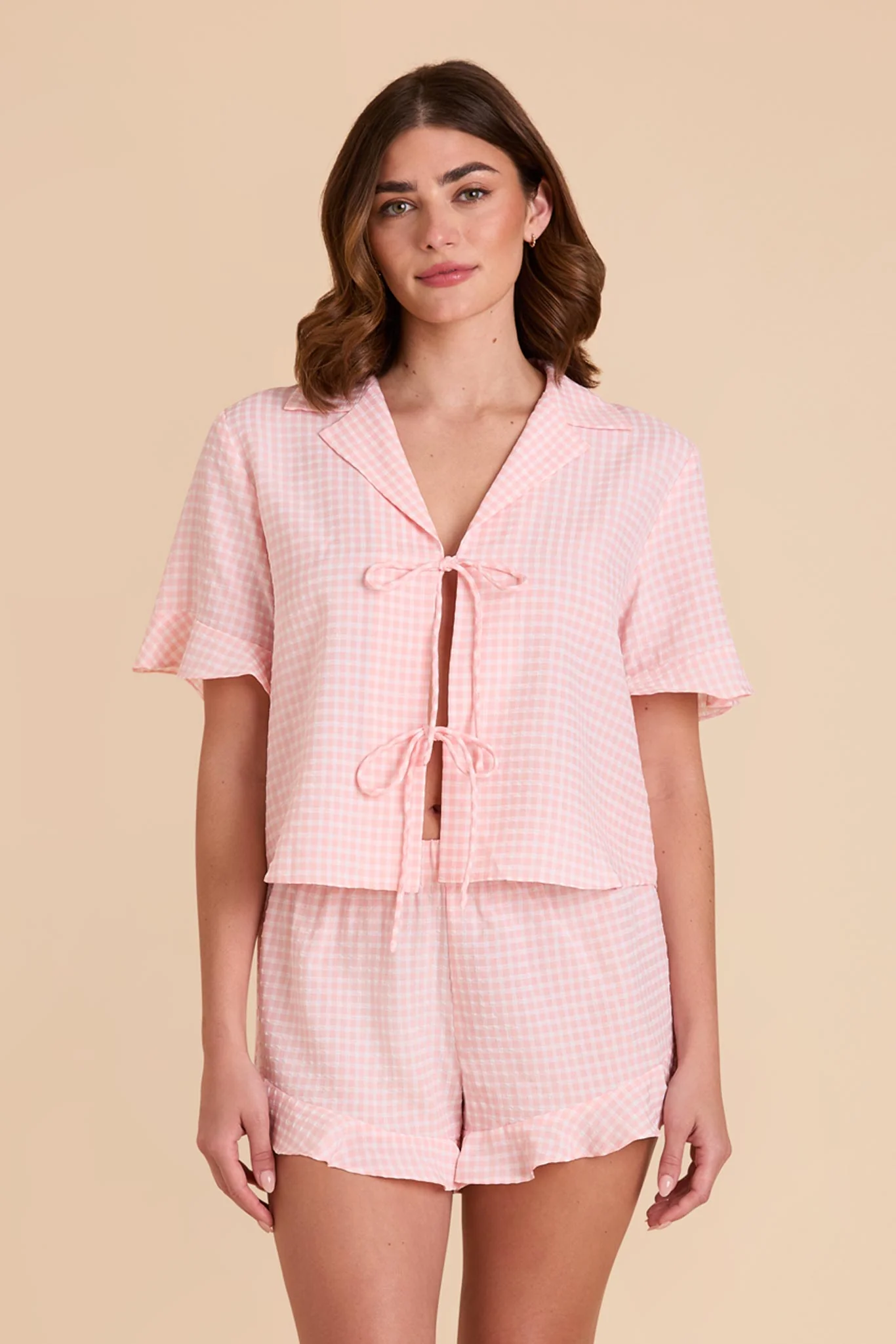 Frankie Gingham Pajama Set - Coral Pink Gingham - Image 9