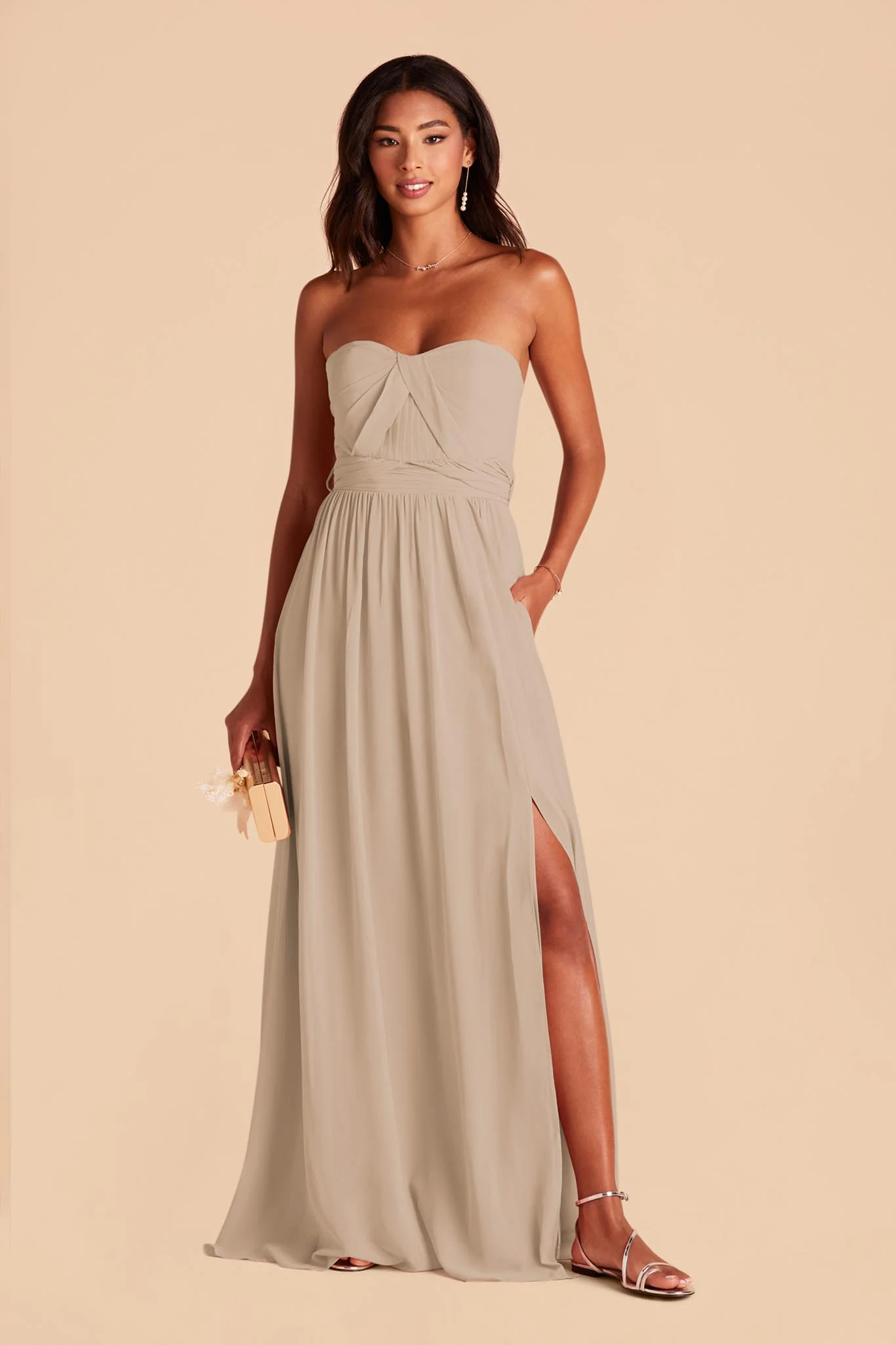 Grace Chiffon Dress With Slit - Almond - Image 4