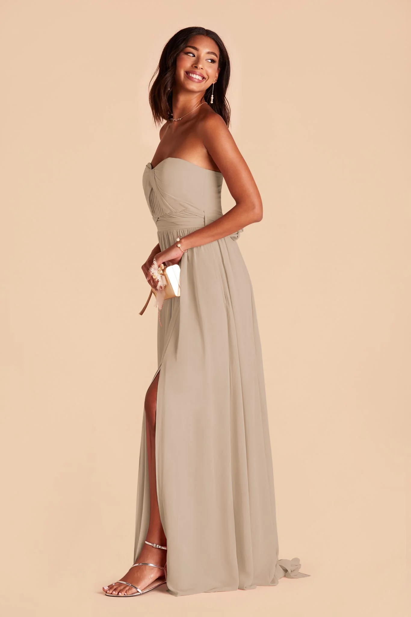 Grace Chiffon Dress With Slit - Almond - Image 5